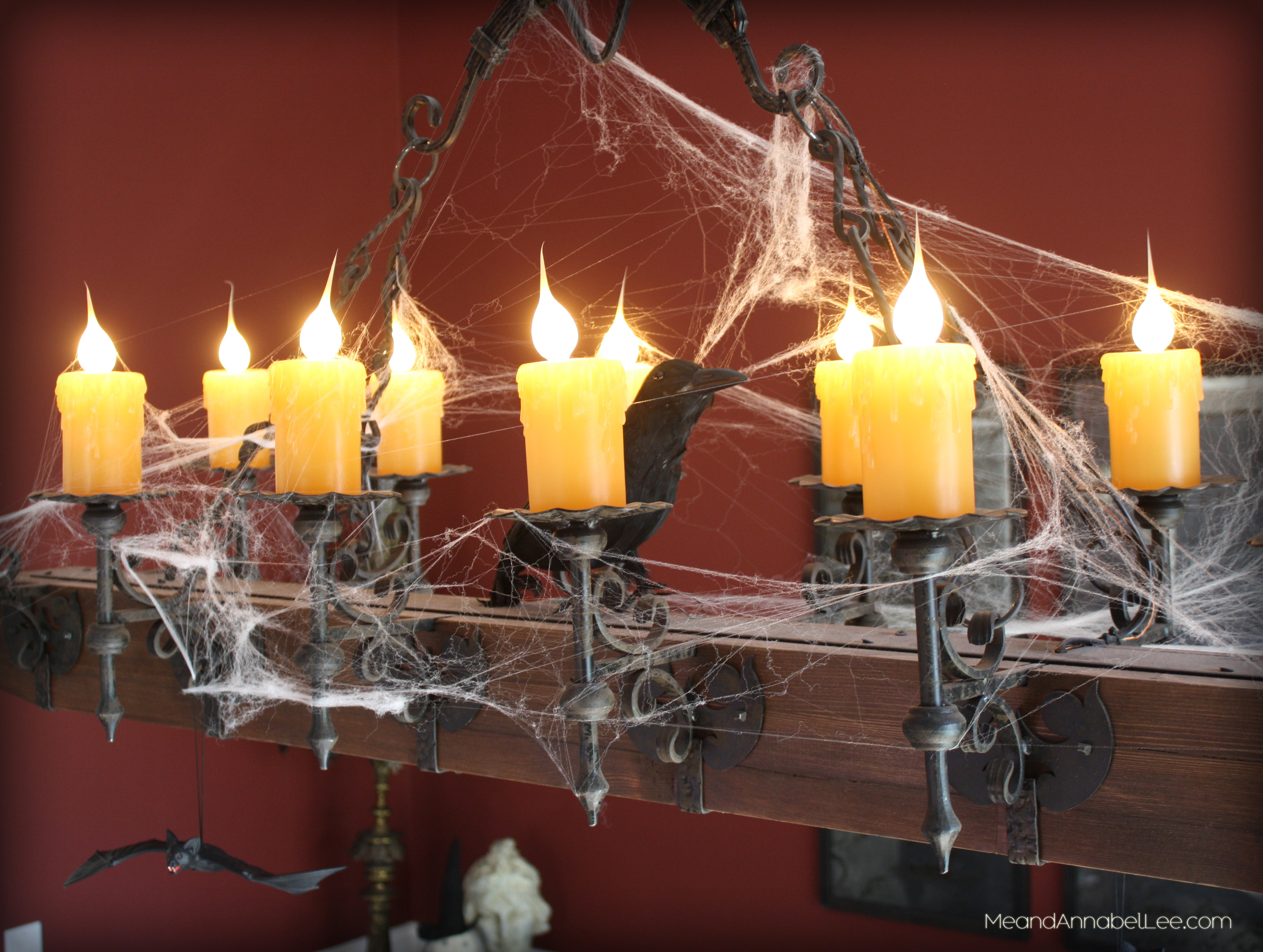 Halloween Party Decorations | Gothic Chandelier | Cobwebs | Raven | www.MeandAnnabelLee.com
