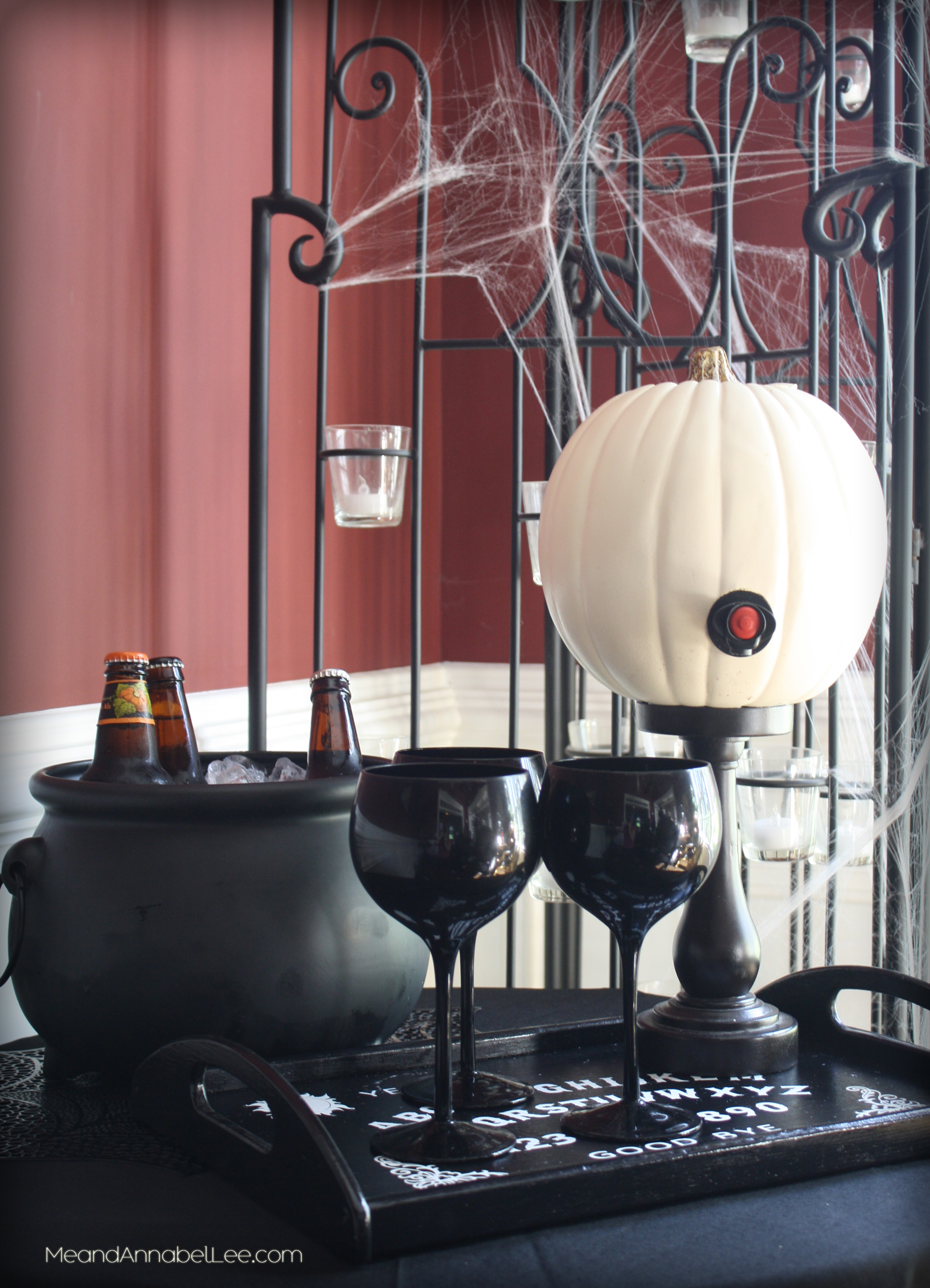 Halloween Drink Table | Cauldron Ice bucket | Pumpkin Wine dispenser | www.MeandAnnabelLee.com