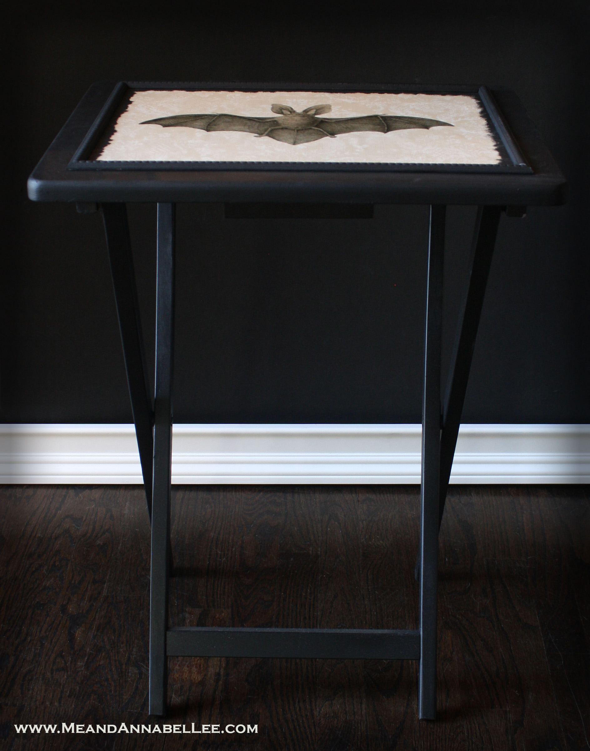 Victorian Gothic Image Transfer | DIY Vintage Vampire Bat TV Tray Table | Goth It Yourself | Silhouette Sticker Paper | Wallpaper projects | www.MeandAnnabelLee.com