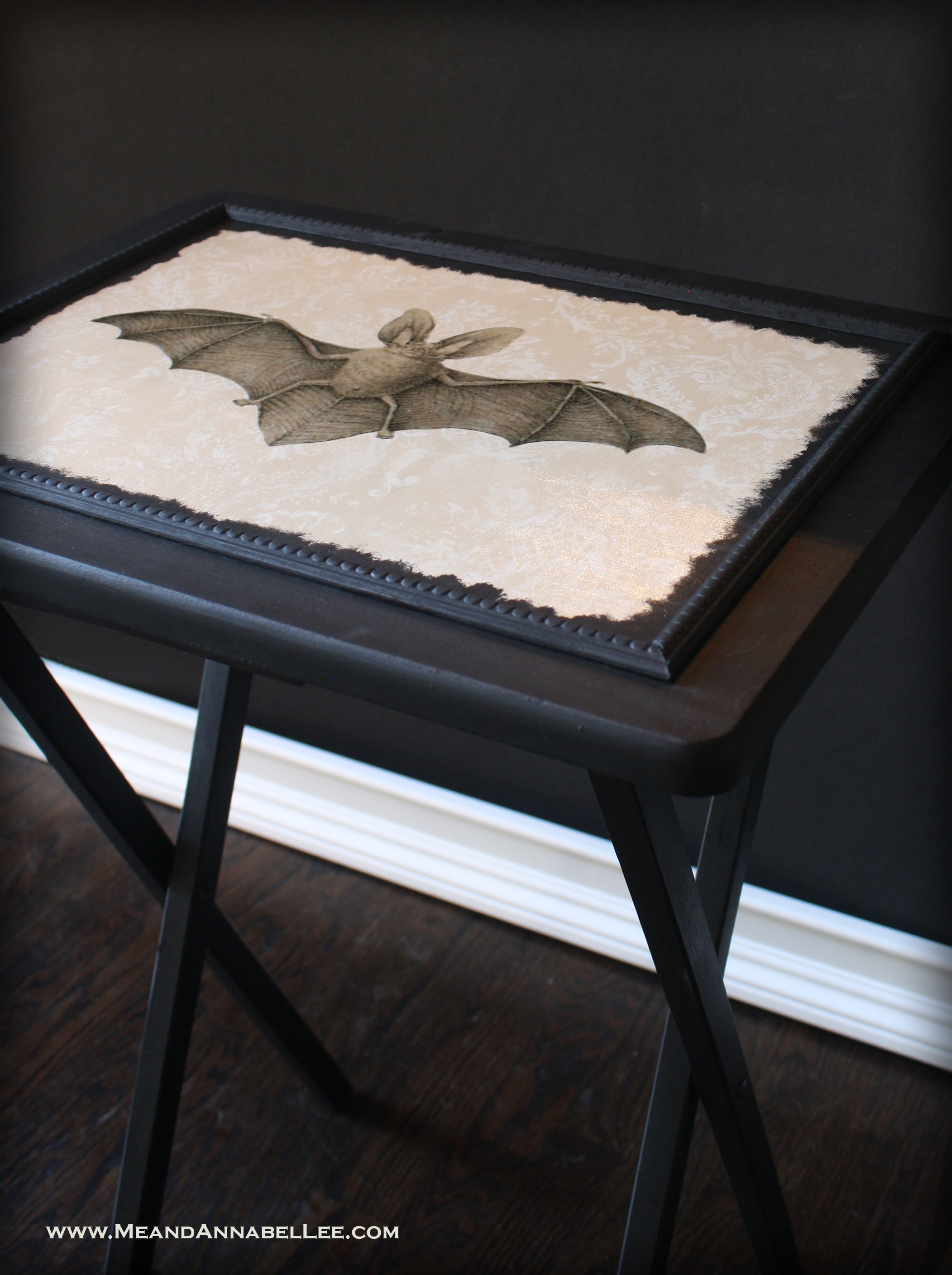 Victorian Gothic Image Transfer | DIY Vintage Vampire Bat TV Tray Table | Goth It Yourself | Silhouette Sticker Paper | Wallpaper projects | www.MeandAnnabelLee.com