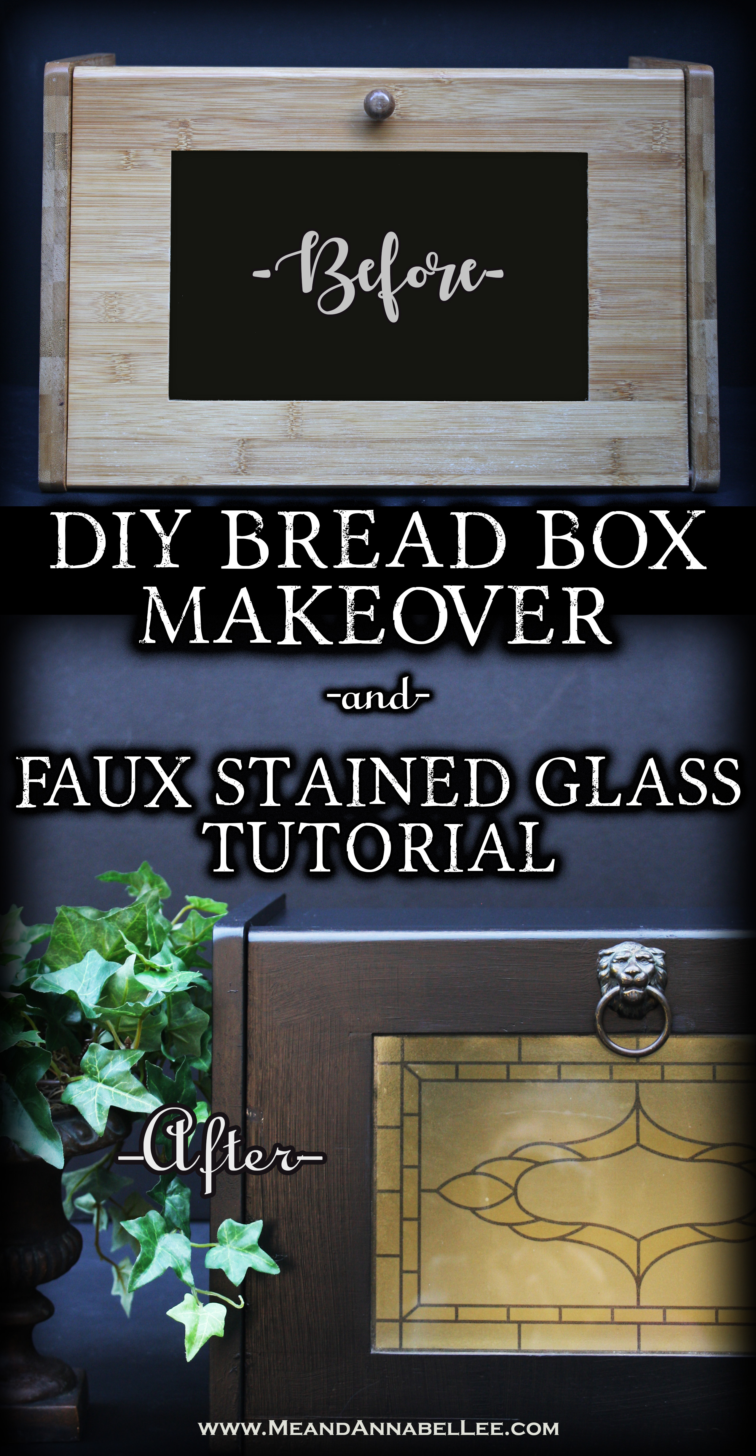 DIY Bread Box Makeover - Lion's Head | Faux Victorian Stained Glass - Before and After - Silhouette Sticker Paper - www.MeandAnnabelLee.com