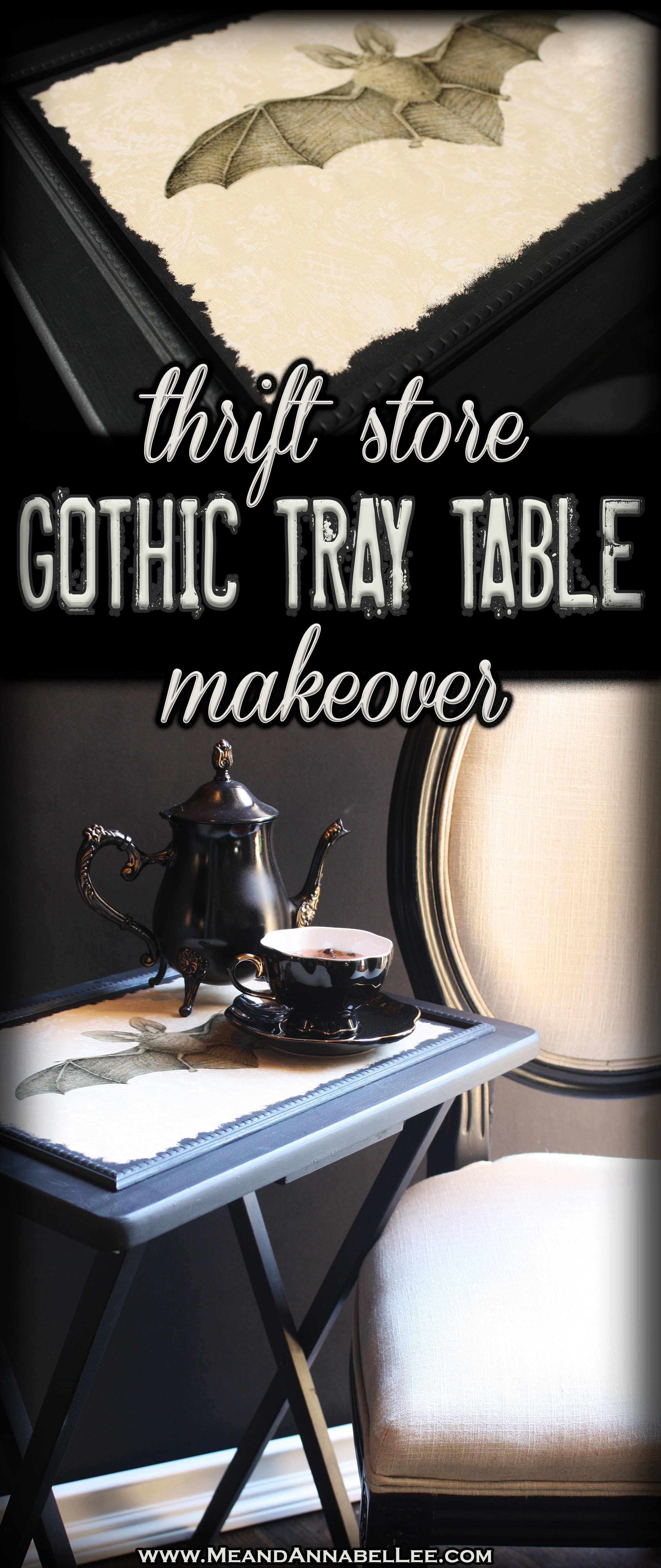 Victorian Gothic Image Transfer | DIY Vintage Vampire Bat TV Tray Table | Thrift Store Makeover | Goth It Yourself | Silhouette Sticker Paper | Wallpaper projects | www.MeandAnnabelLee.com