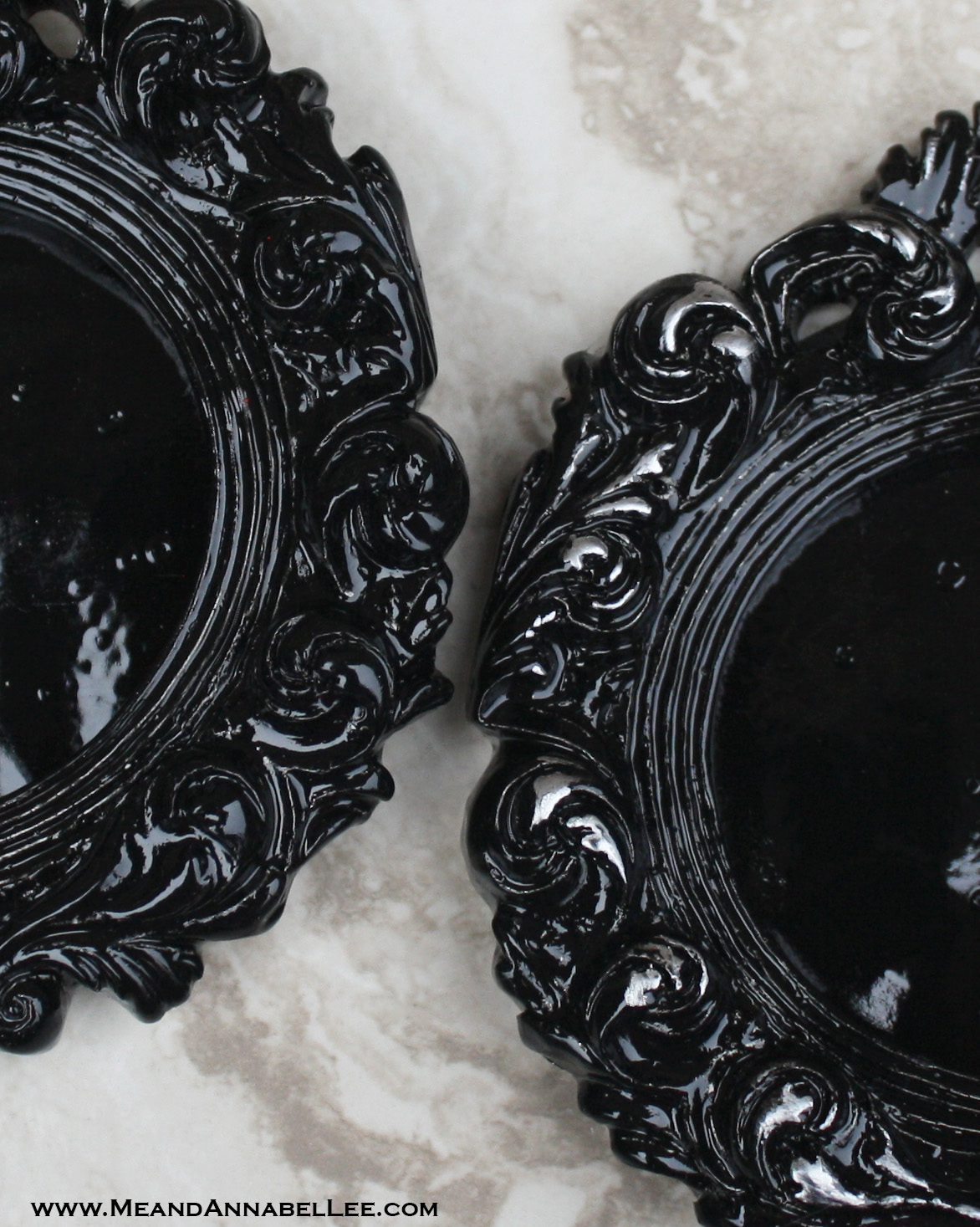 Black Paint and Silver Leaf Rub n Buff | Baroque Mini Frame Ornaments | Gothic Christmas | www.MeandAnnabelLee.com