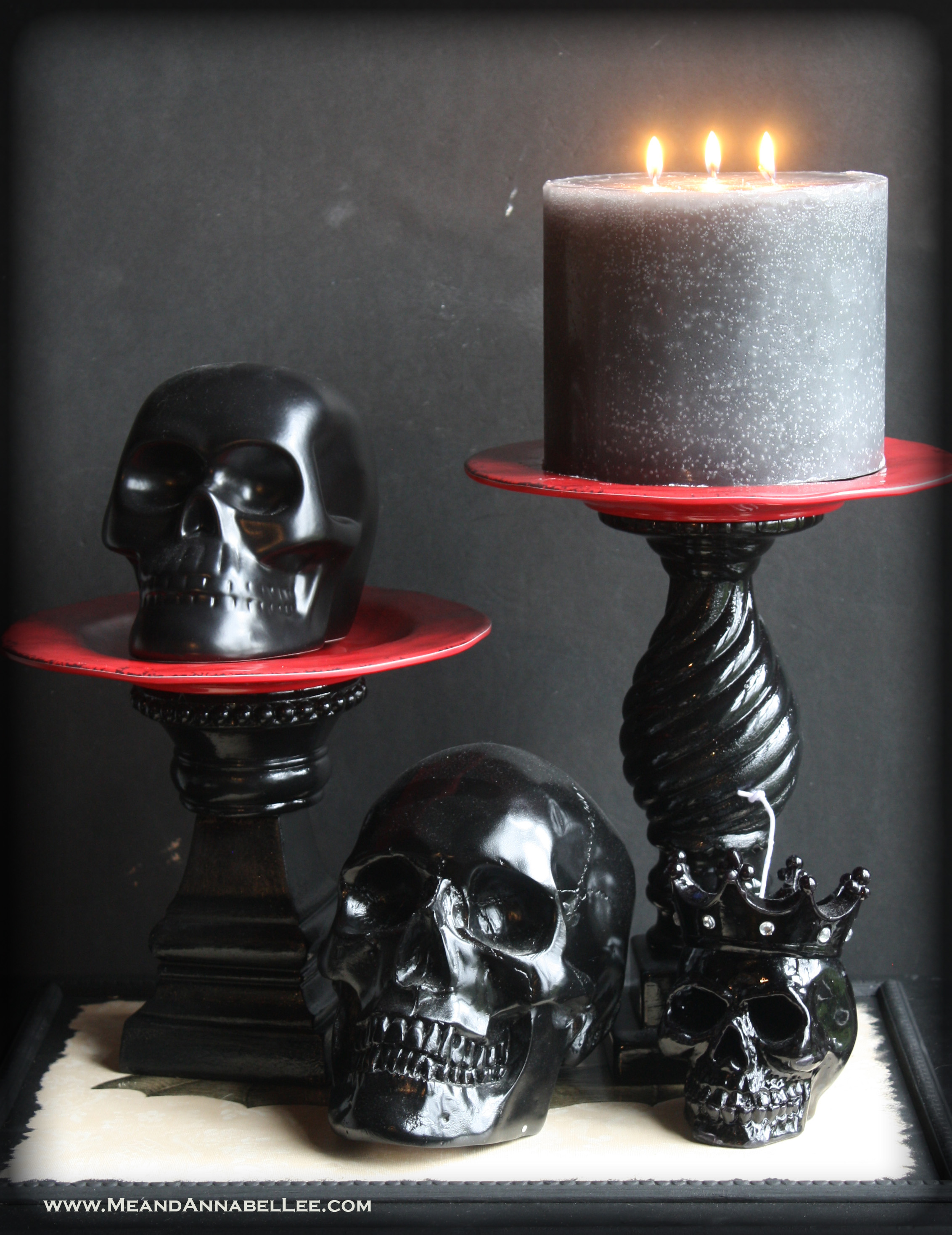 DIY Red & Black Plate Stand | Candle Skull Display | Goth it yourself | Gothic Decor | www.MeandAnnabelLee.com