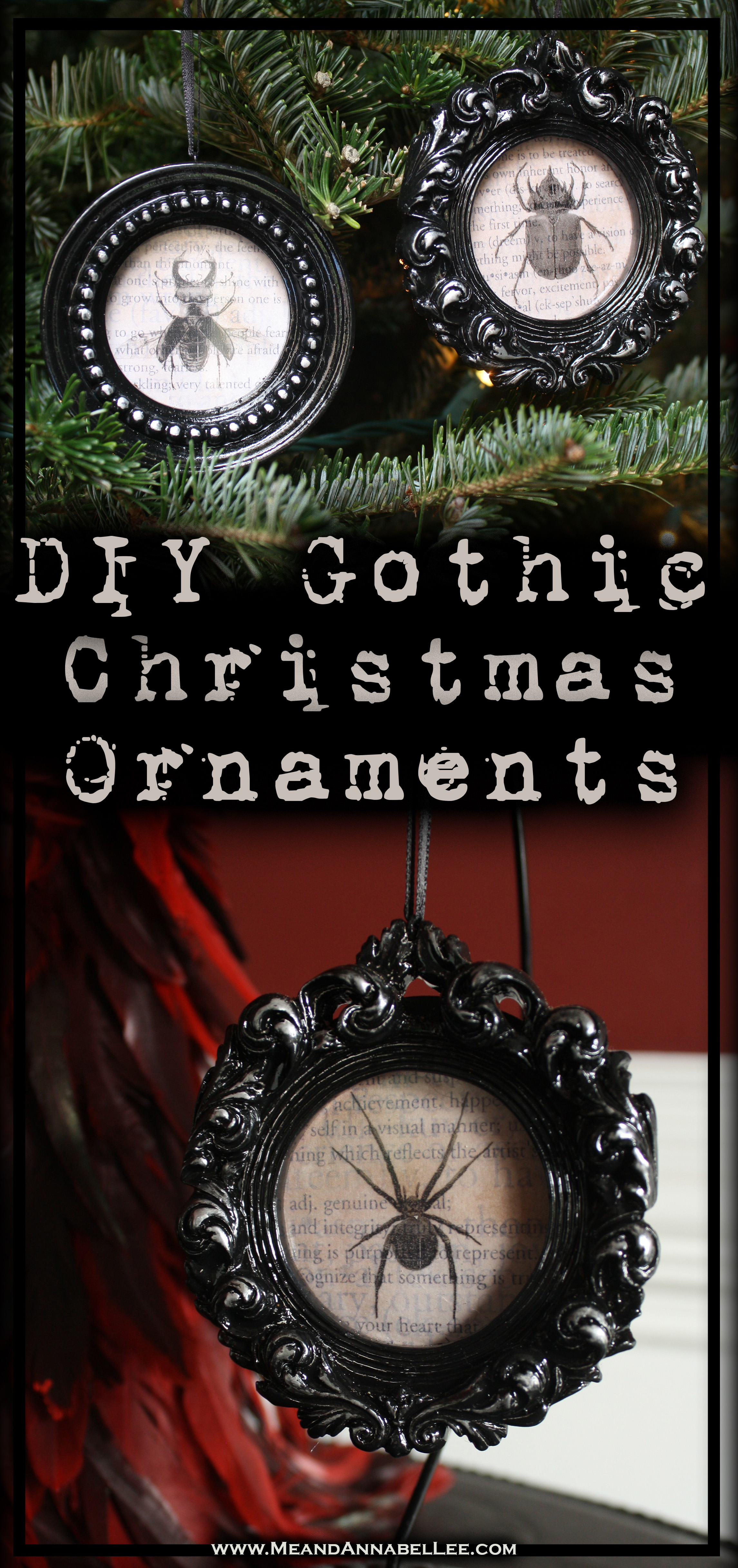 DIY Gothic Christmas Ornaments | Vintage Insect Specimens | Halloween Everyday | Black Baroque Frames | Rub n Buff | Sihouette Sticker Paper | www.MeandAnnabelLee.com