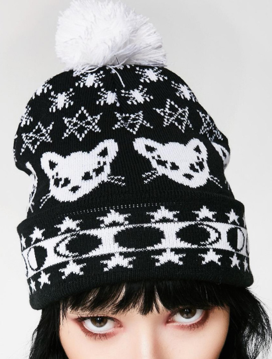 15 Ugly Gothic Christmas Sweaters and Accessories - Skulls, Krampus, Pentagrams, Black cats, and more | Witchy Woman Beanie | www.MeandAnnabelLee.com