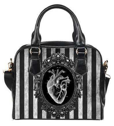 Valentine Gift Ideas for the Wicked - Edgy, Macabre, Quirky, and Gothic Valentine gifts - Black Stripe Anatomical Heart Handbag - Victorian Goth - www.MeandAnnabelLee.com