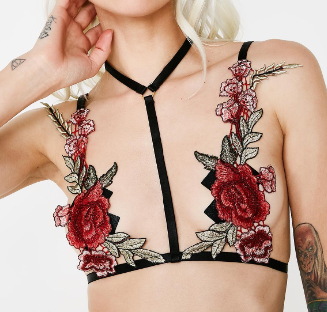 Valentine Gift Ideas for the Wicked - Edgy, Macabre, Quirky, and Gothic Valentine gifts - Dolls Kill Flower Fetish Bralette Harness - Gothic Lingerie - www.MeandAnnabelLee.com