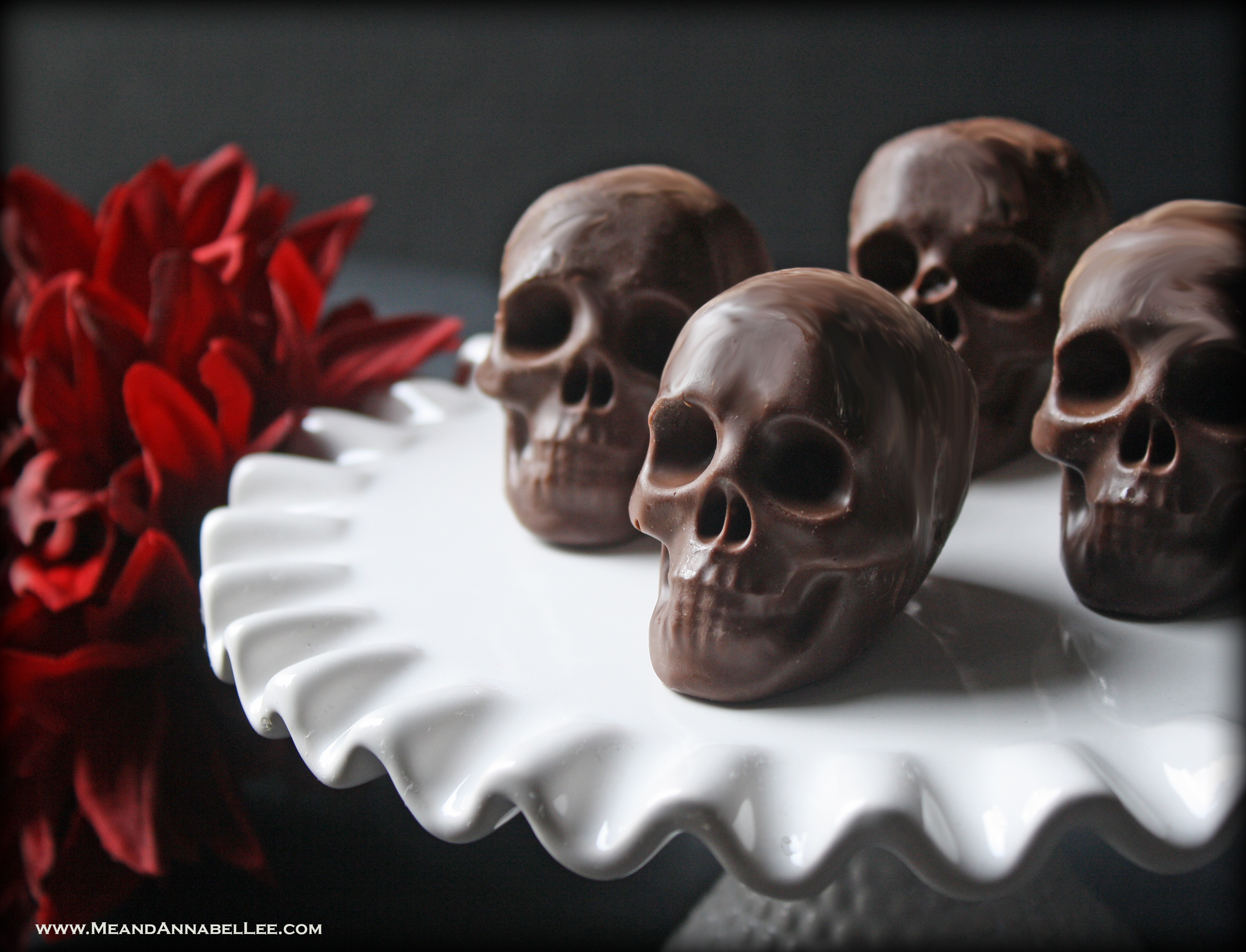 Raspberry Filled Dark Chocolate Skulls | Dark Valentine | Halloween Treats | Gothic Baking | www.MeandAnnabelLee.com