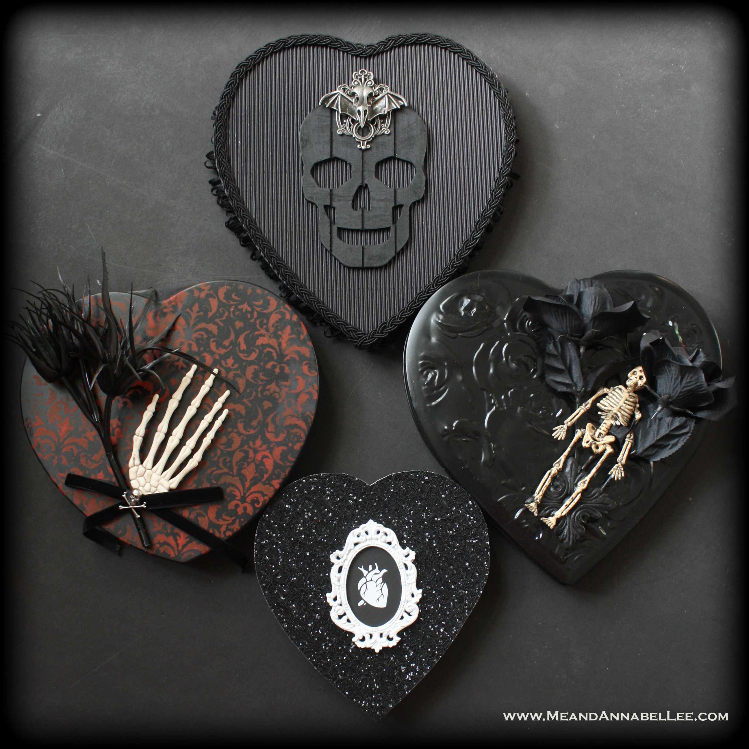 DIY Victorian and Gothic Valentine Boxes of Chocolates | Black Hearts | Black & White Anatomical Human Heart | Skeletons | Dark Romance | www.MeandAnnabelLee.com