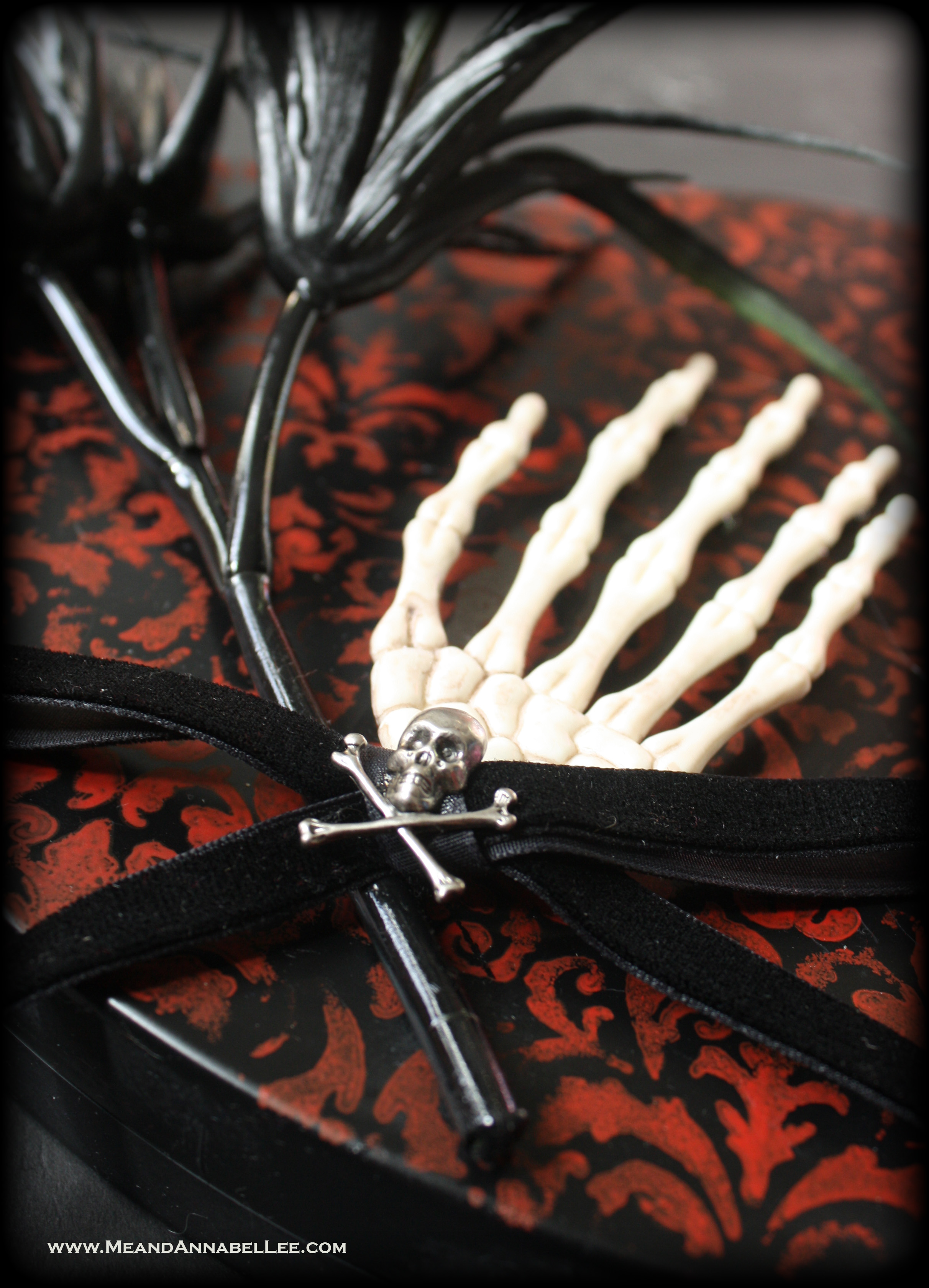 DIY Victorian Gothic Valentine Box of Chocolates | Black Red Damask Heart and skeleton Hand | Dark Romance | www.MeandAnnabelLee.com