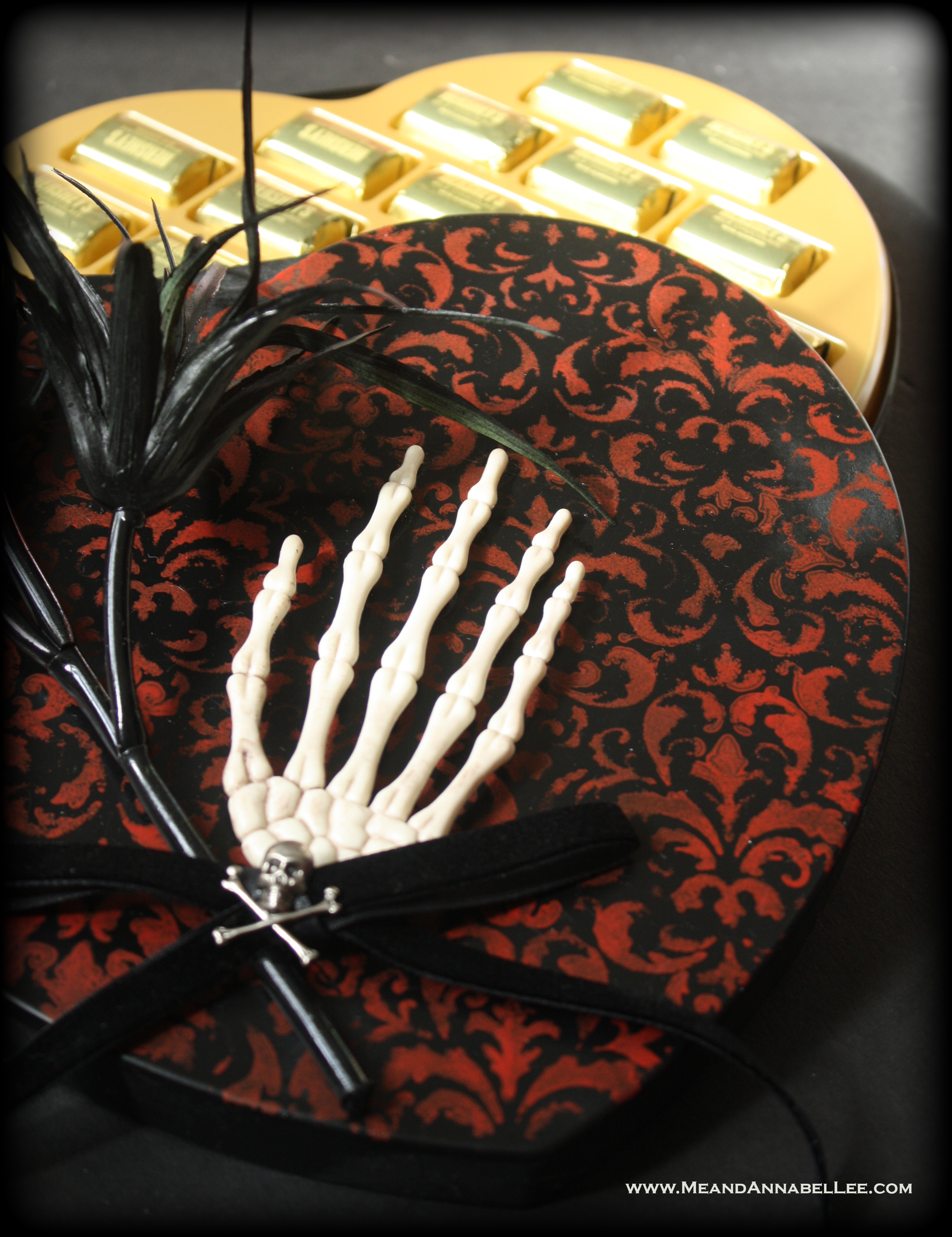 DIY Victorian Gothic Valentine Box of Chocolates | Black Red Damask Heart and skeleton Hand | Dark Romance | www.MeandAnnabelLee.com