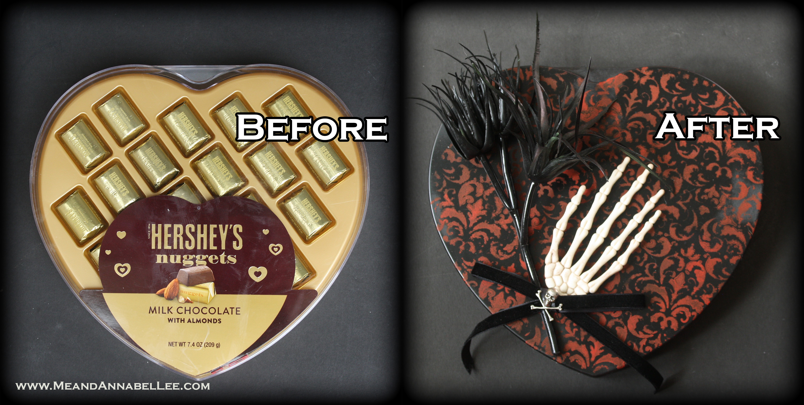 DIY Victorian Gothic Valentine Box of Chocolates | Before & After Black Red Damask Heart and skeleton Hand | Dark Romance | www.MeandAnnabelLee.com