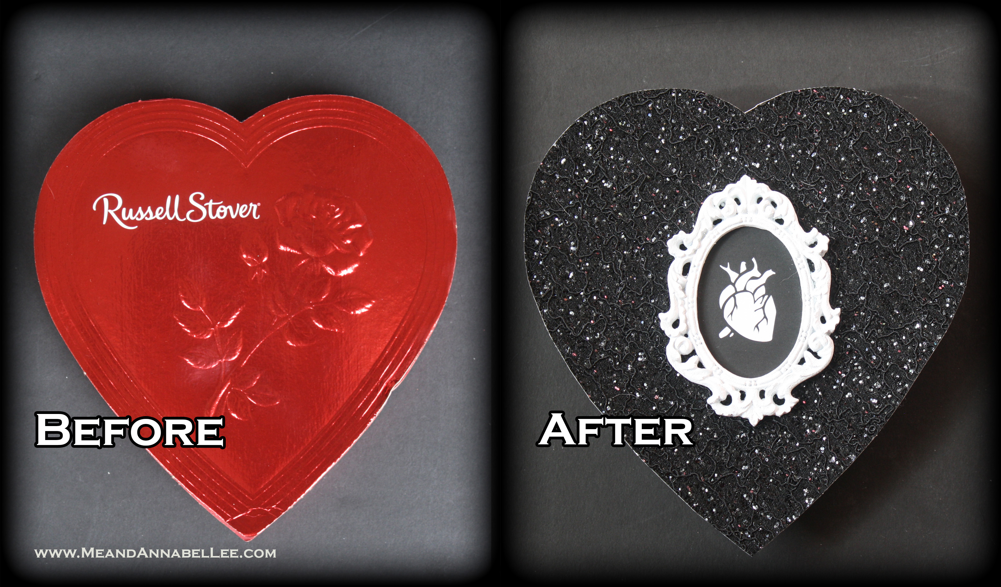 DIY Victorian Gothic Valentine Box of Chocolates | Before & After Black Glitter Anatomical Heart | www.MeandAnnabelLee.com