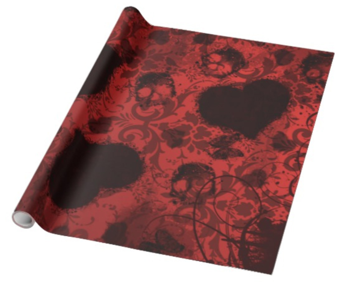 Valentine Gift Ideas for the Wicked - Edgy, Macabre, Quirky, and Gothic Valentine gifts - Red Skull Black Heart Damask Wrapping Paper - www.MeandAnnabelLee.com