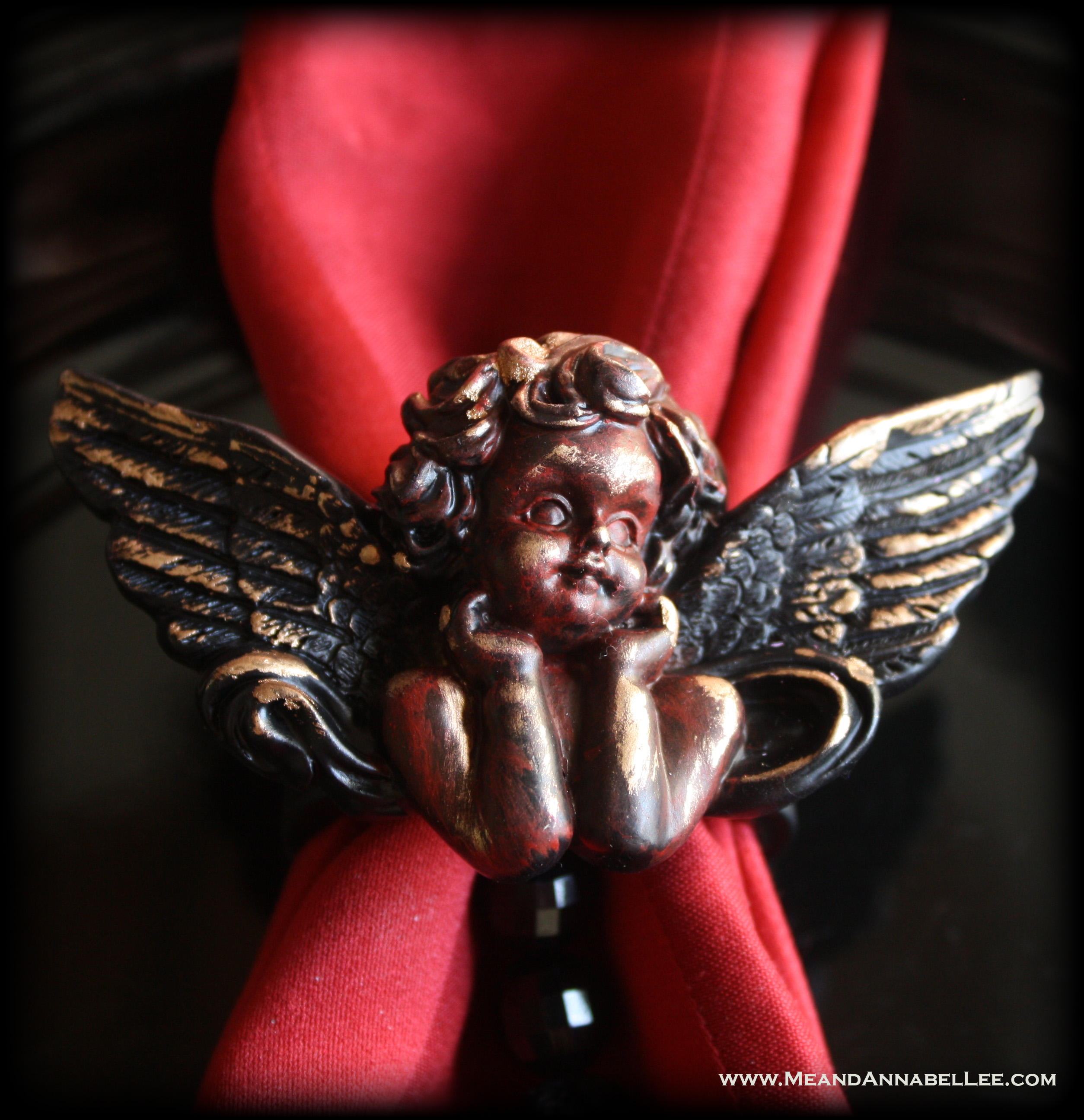 DIY Victorian Gothic Angel Napkin Rings | Antique Cherubs | Gothic Valentine’s Day | Gold Rub n Buff | Goth it Yourself | Anti Valentine Table Setting | www.MeandAnnabelLee.com