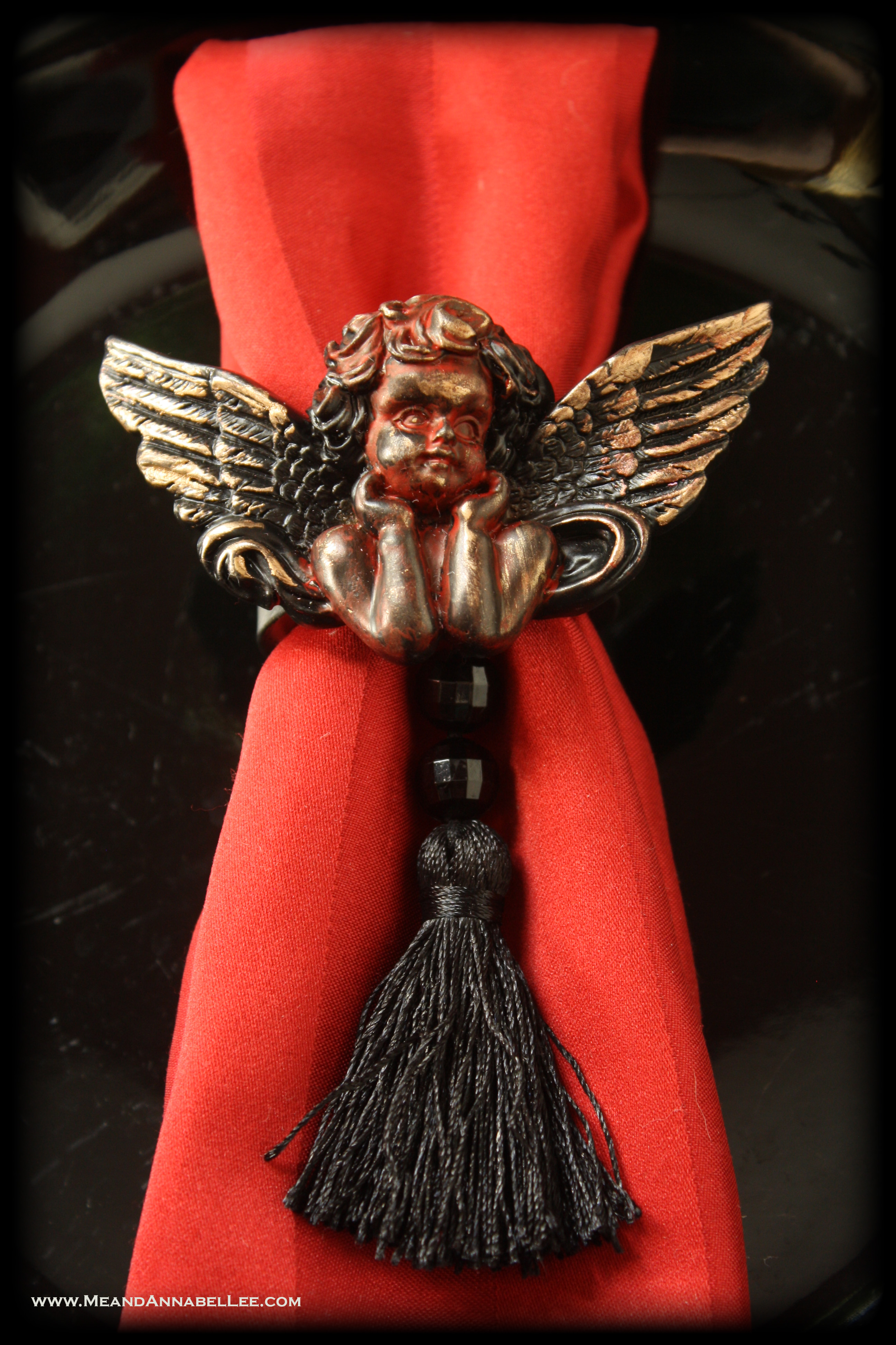 DIY Victorian Gothic Angel Napkin Rings | Antique Cherubs | Gothic Valentine’s Day | Goth it Yourself | Valentine Table Setting | Black and Red Place Setting | www.MeandAnnabelLee.com