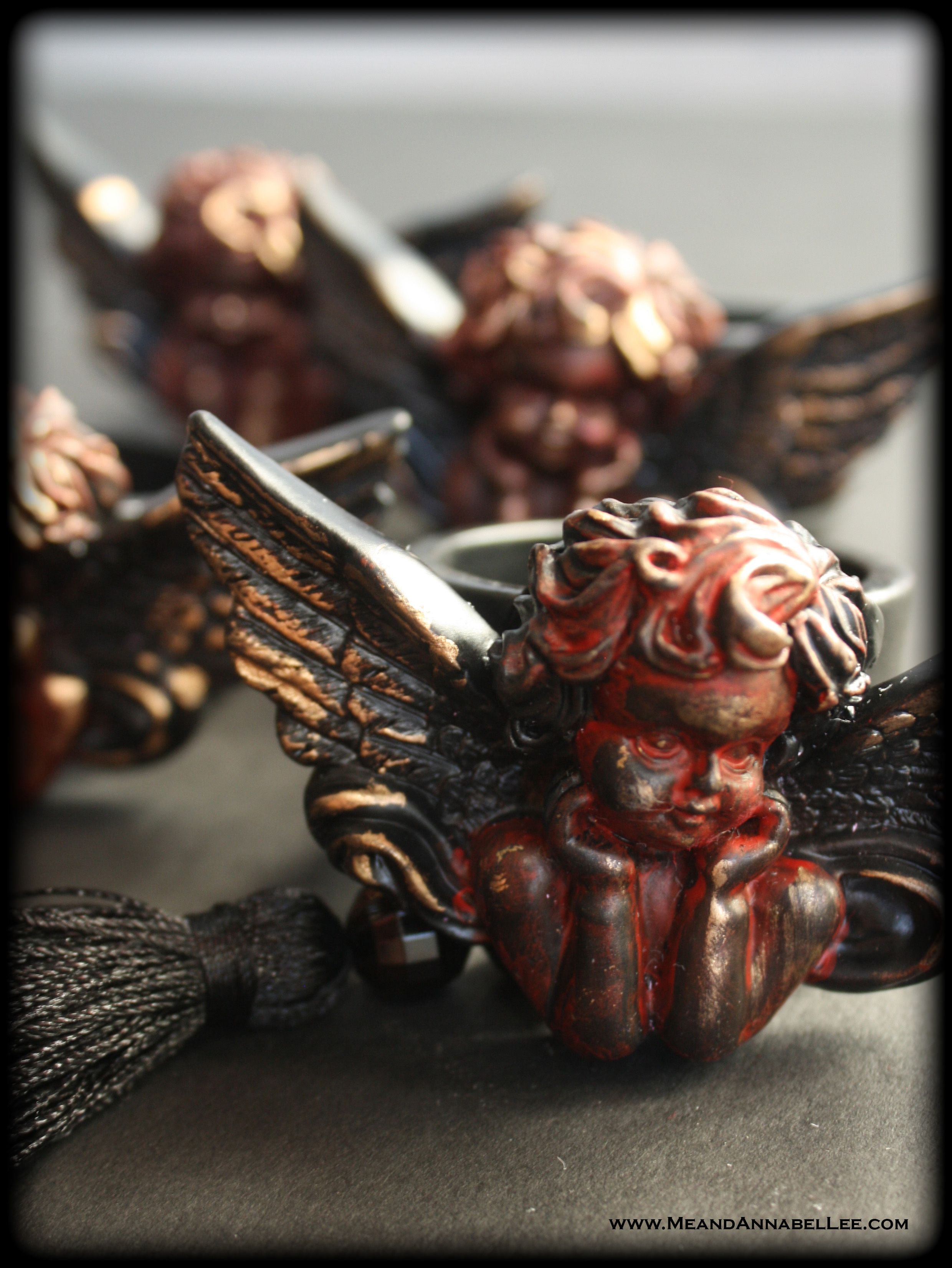 DIY Victorian Gothic Angel Napkin Rings | Antique Cherubs | Gothic Valentine’s Day | Goth it Yourself | Valentine Table Setting | Black and Red Place Setting | www.MeandAnnabelLee.com