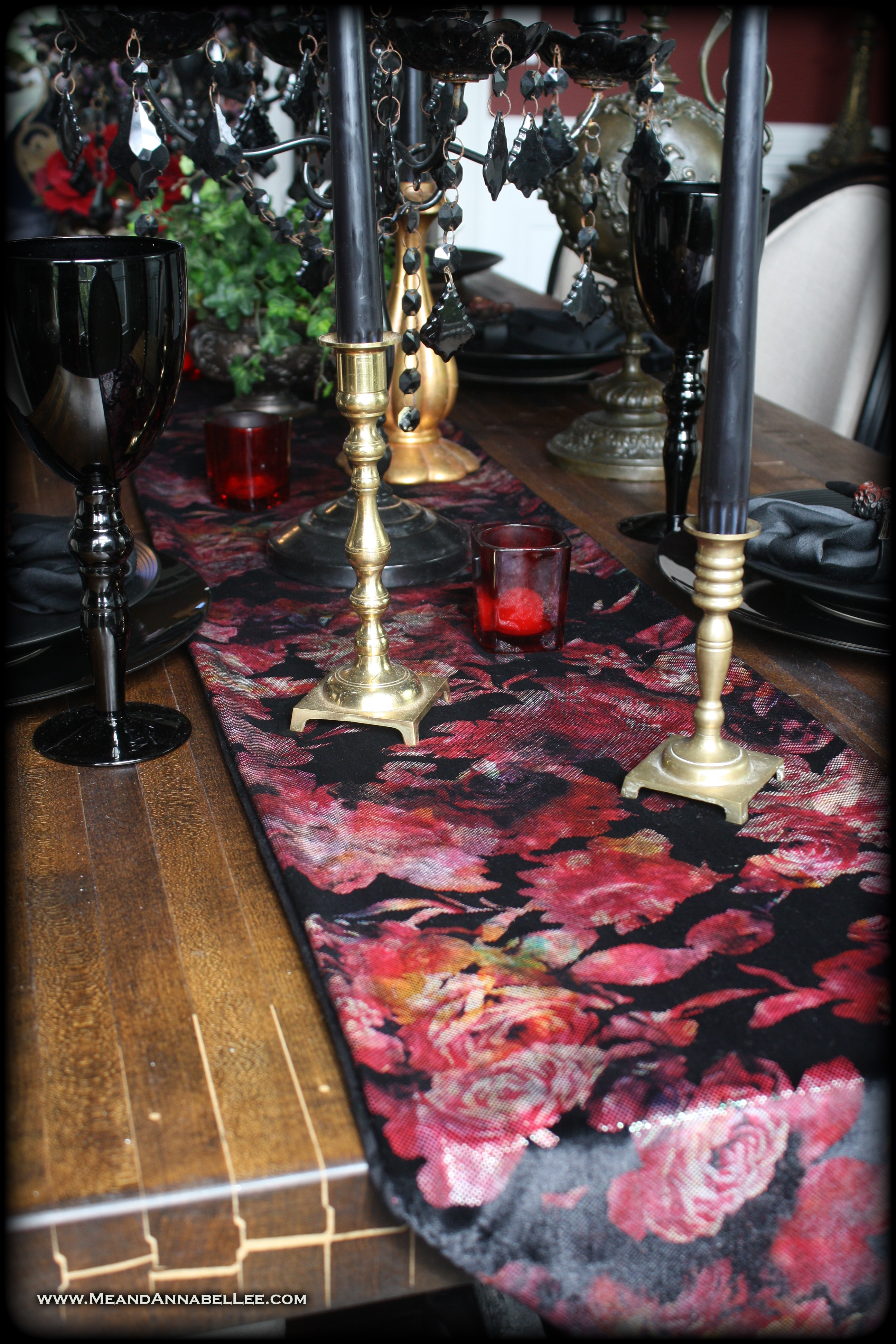 How to Make this DIY Double Sided Victorian Gothic Table Runner | Metallic Black Red Velvet Roses | Goth Home Decor | Table Setting | www.MeandAnnabelLee.com
