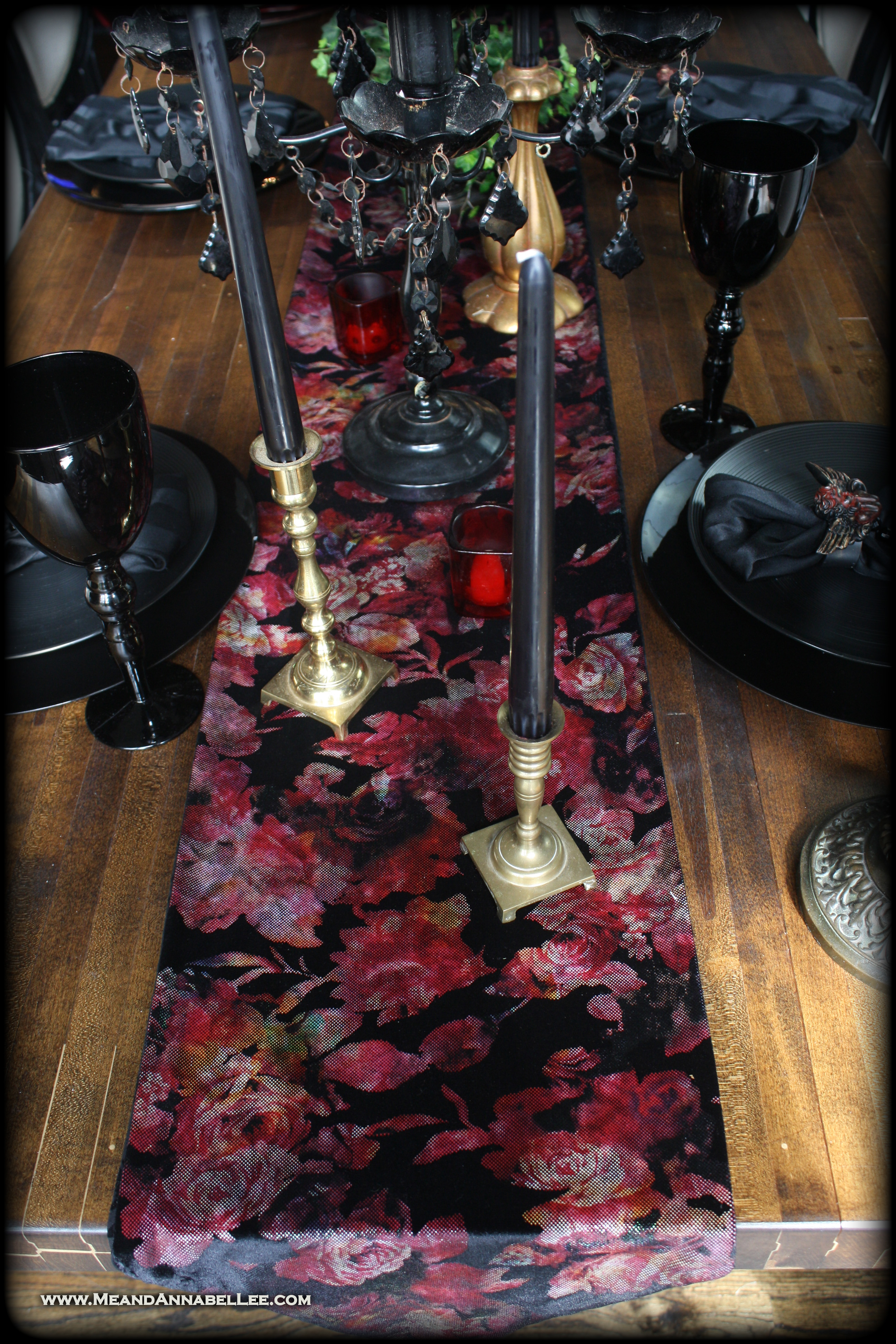 How to Make this DIY Double Sided Victorian Gothic Table Runner | Metallic Velvet Roses | Goth Home Decor | Table Setting | www.MeandAnnabelLee.com