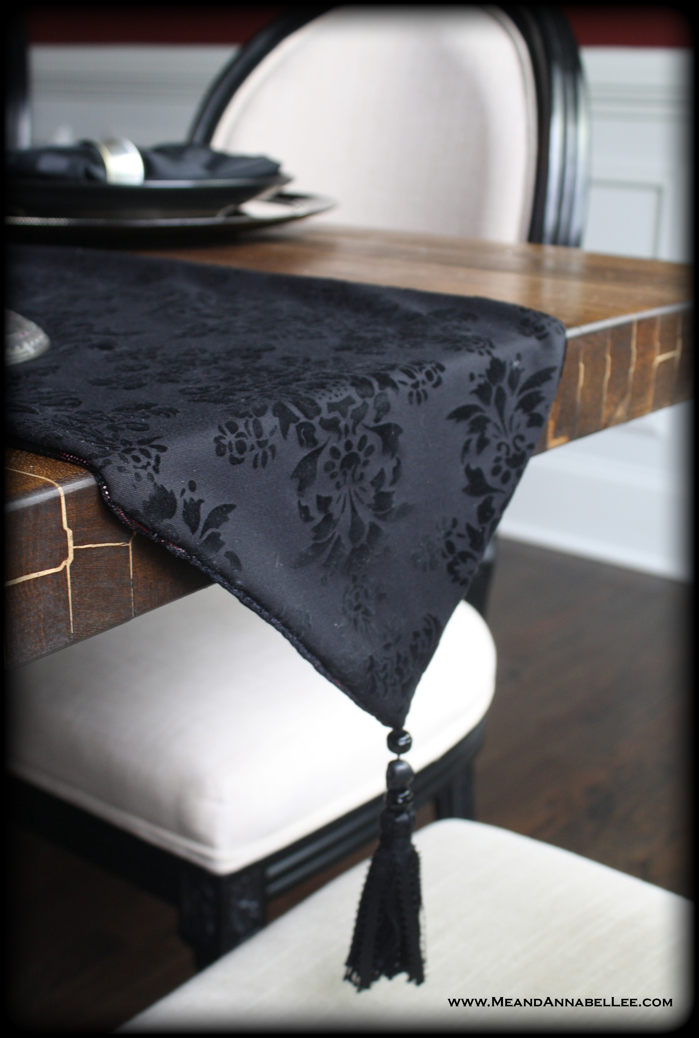 How to Make this DIY Double Sided Victorian Gothic Table Runner | Reversible | Black Flocked Velvet Damask | Black Skull Tassel | Goth Home Decor | Gothic Sewing Project | Table Setting | www.MeandAnnabelLee.com