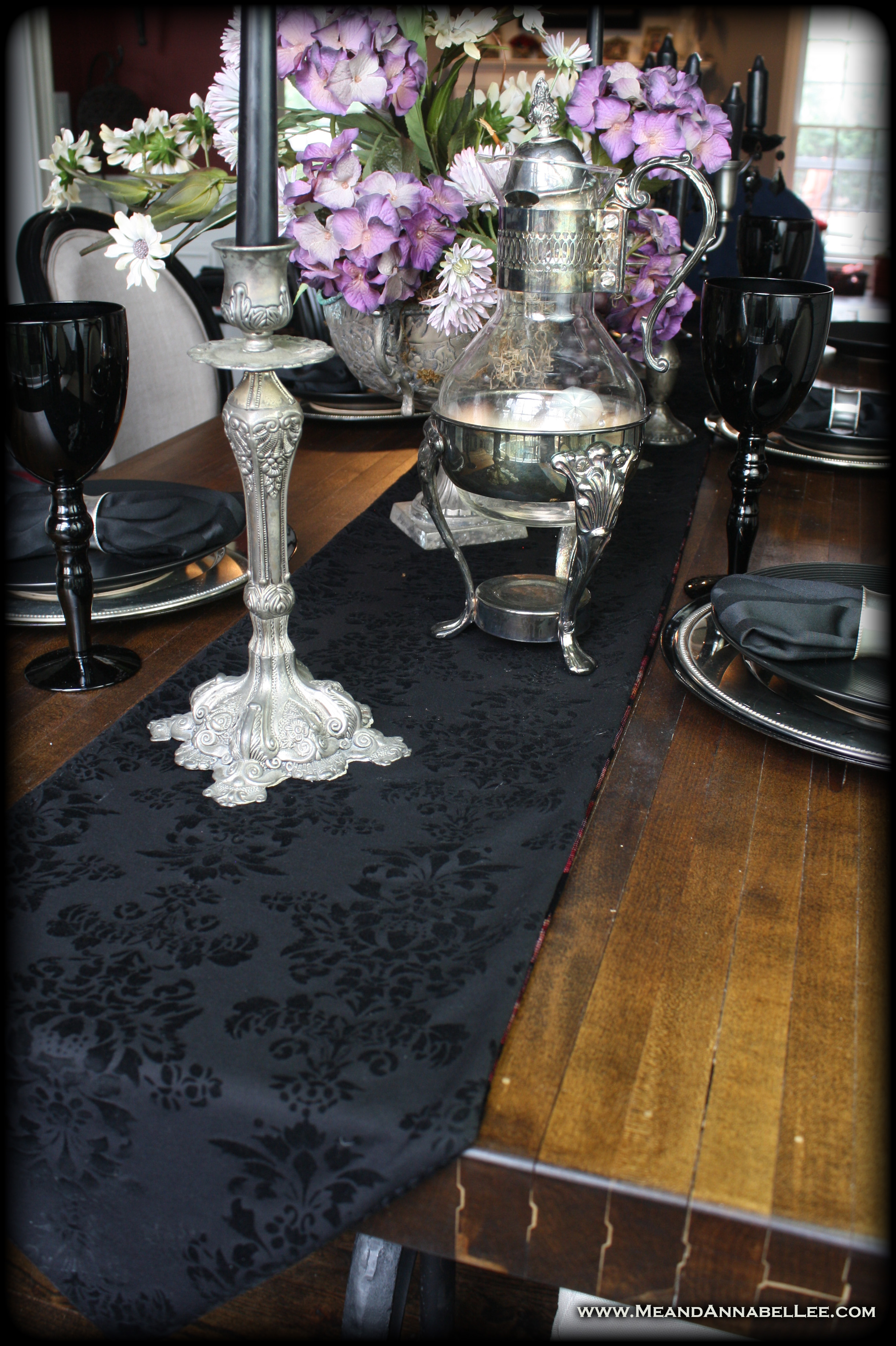 How to Make this DIY Double Sided Victorian Gothic Table Runner | Black Flocked Velvet Damask | Goth Home Decor | Table Setting | www.MeandAnnabelLee.com