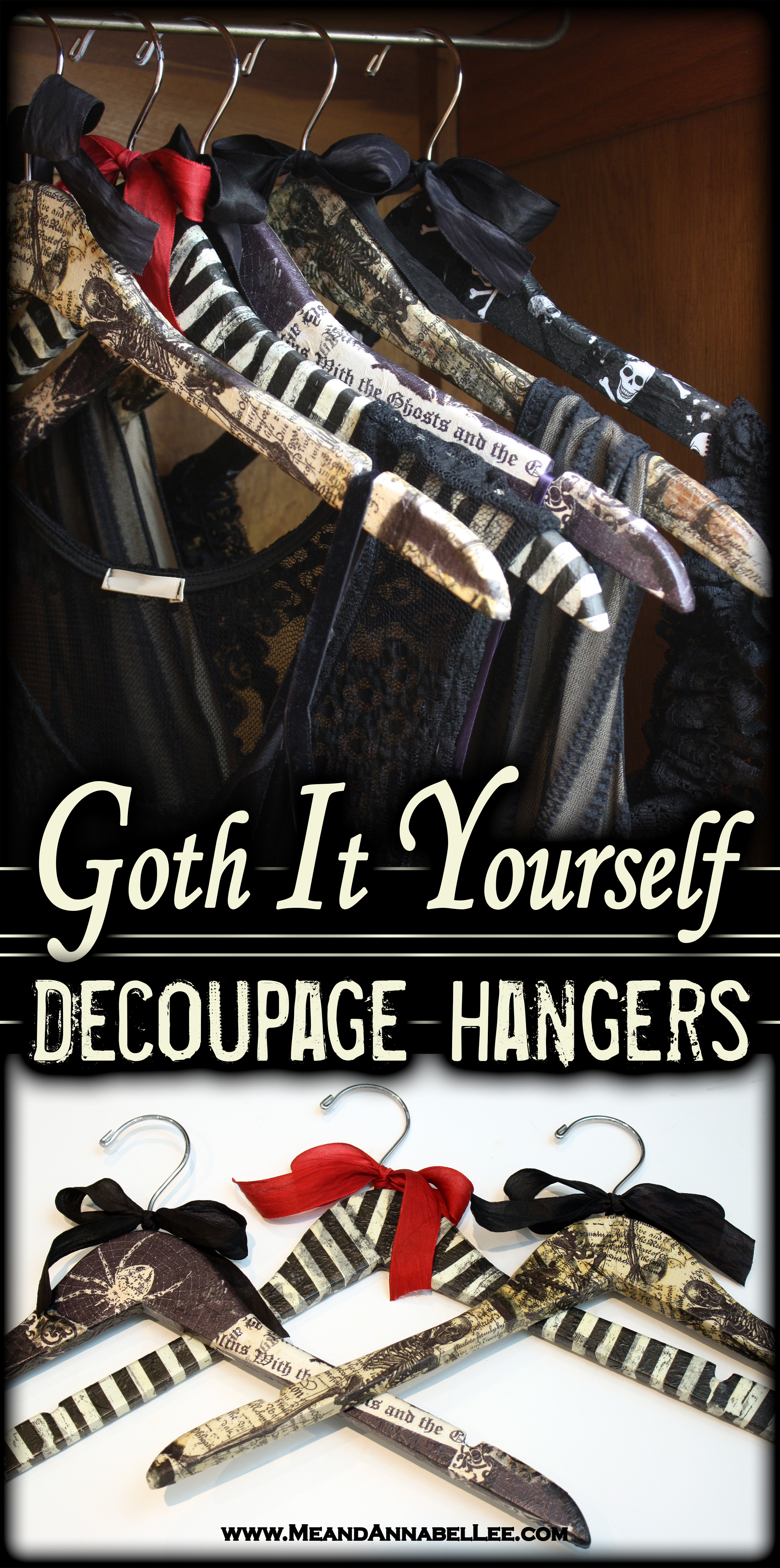 DIY Gothic Halloween Decoupage Hangers - How to Mod Podge with Paper Cocktail Napkins | Halloween, Skeletons, Spiders, Stripes | Decorative Wooden Hanger | Goth It Yourself | www.MeandAnnabelLee.com