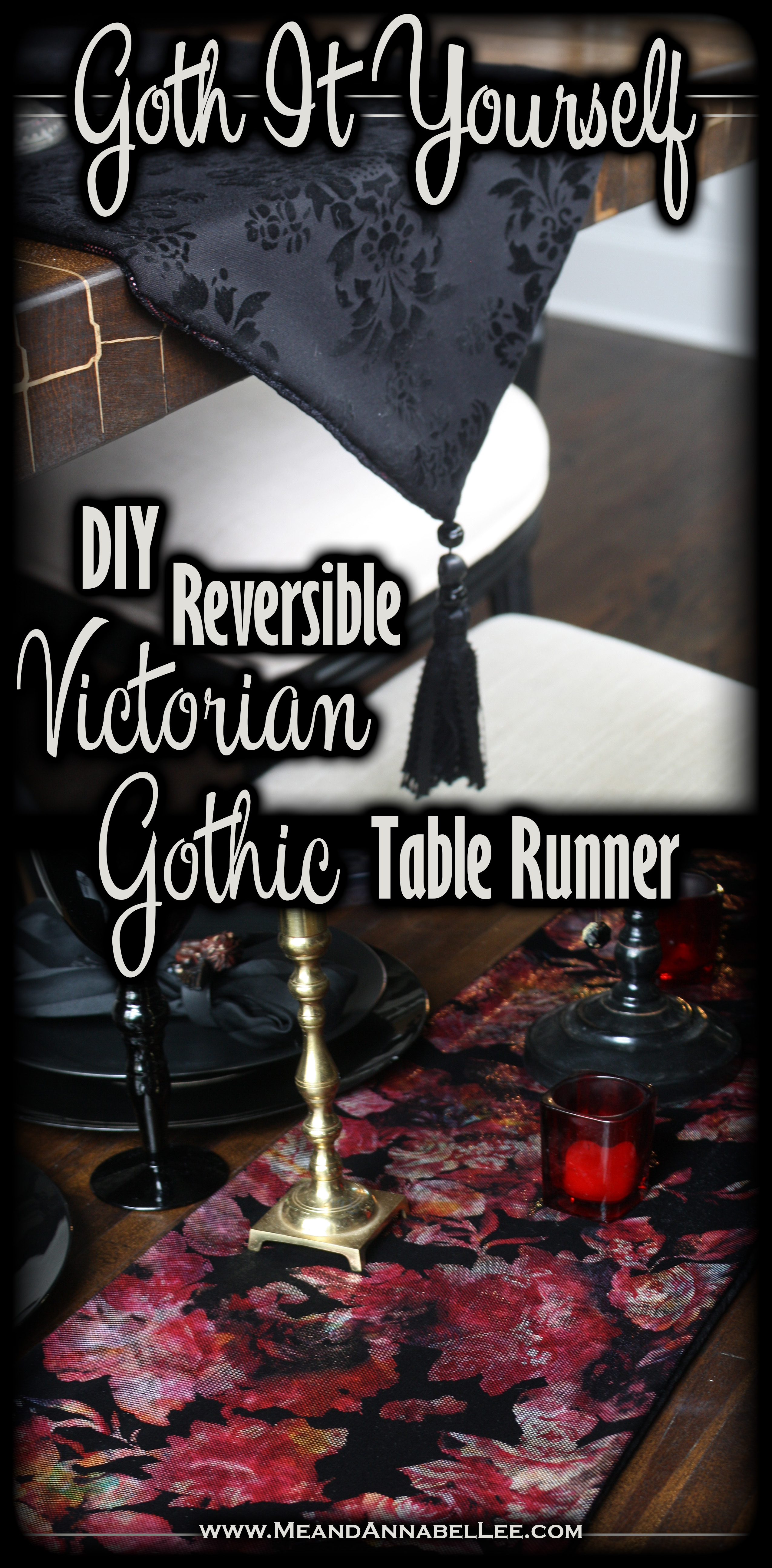 How to Make a DIY Double Sided Victorian Gothic Table Runner | Reversible Black Flocked Velvet Damask and Metallic Velvet Roses | Gothic Sewing Project | Black Skull Tassel | Goth Home Decor | Table Setting | www.MeandAnnabelLee.com