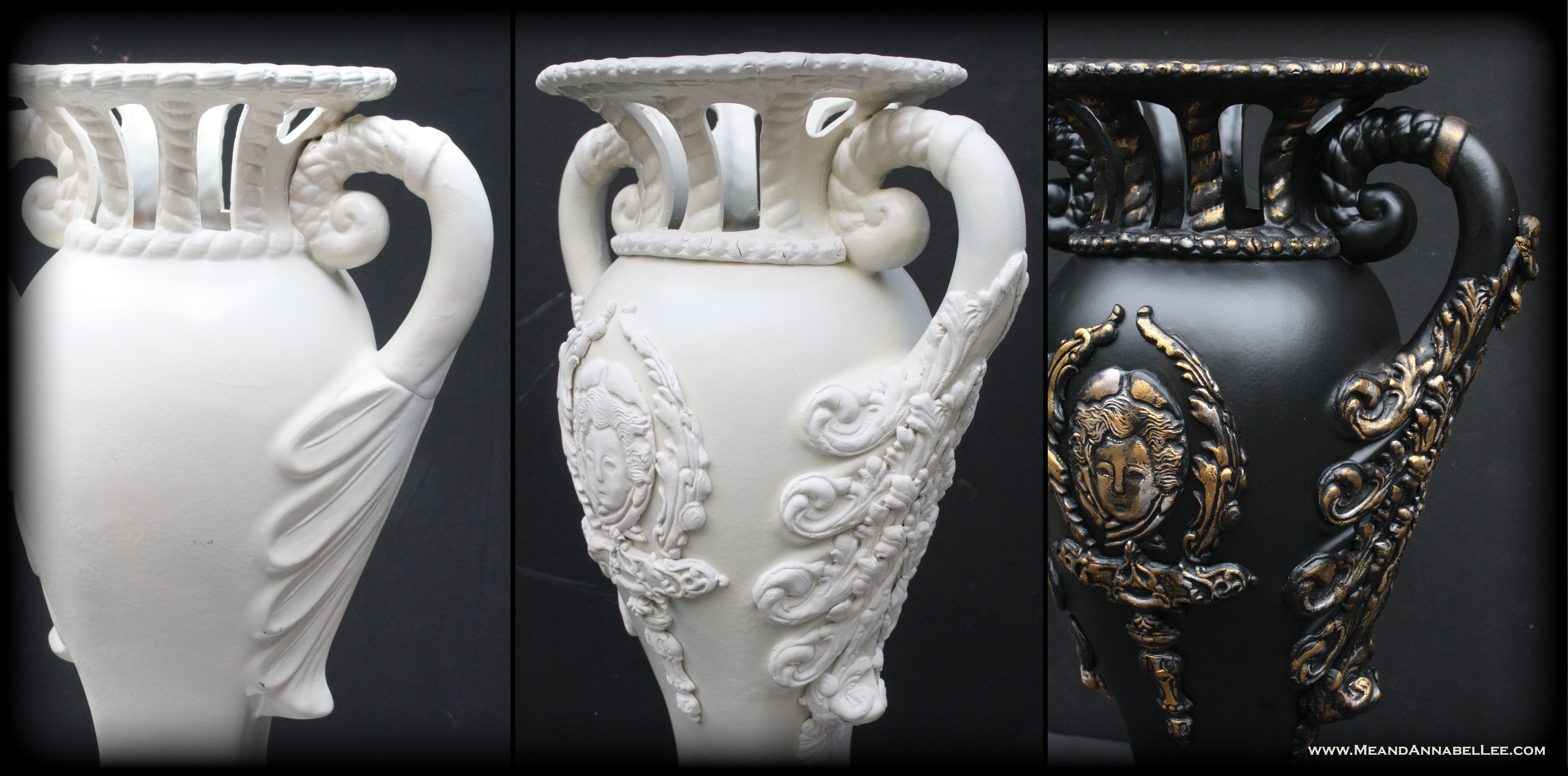 Trash to Treasure Transformation! DIY Victorian Gothic Vase | How to transform a thrift store vase using Iron Orchid Molds: Baroque, Escutcheon, Nautica, Mouldings, and Royale | Paper Clay Casting | Faux Antique Finish | Goth Home Decor | Grecian Gold Rub n Buff | www.MeandAnnabelLee.com