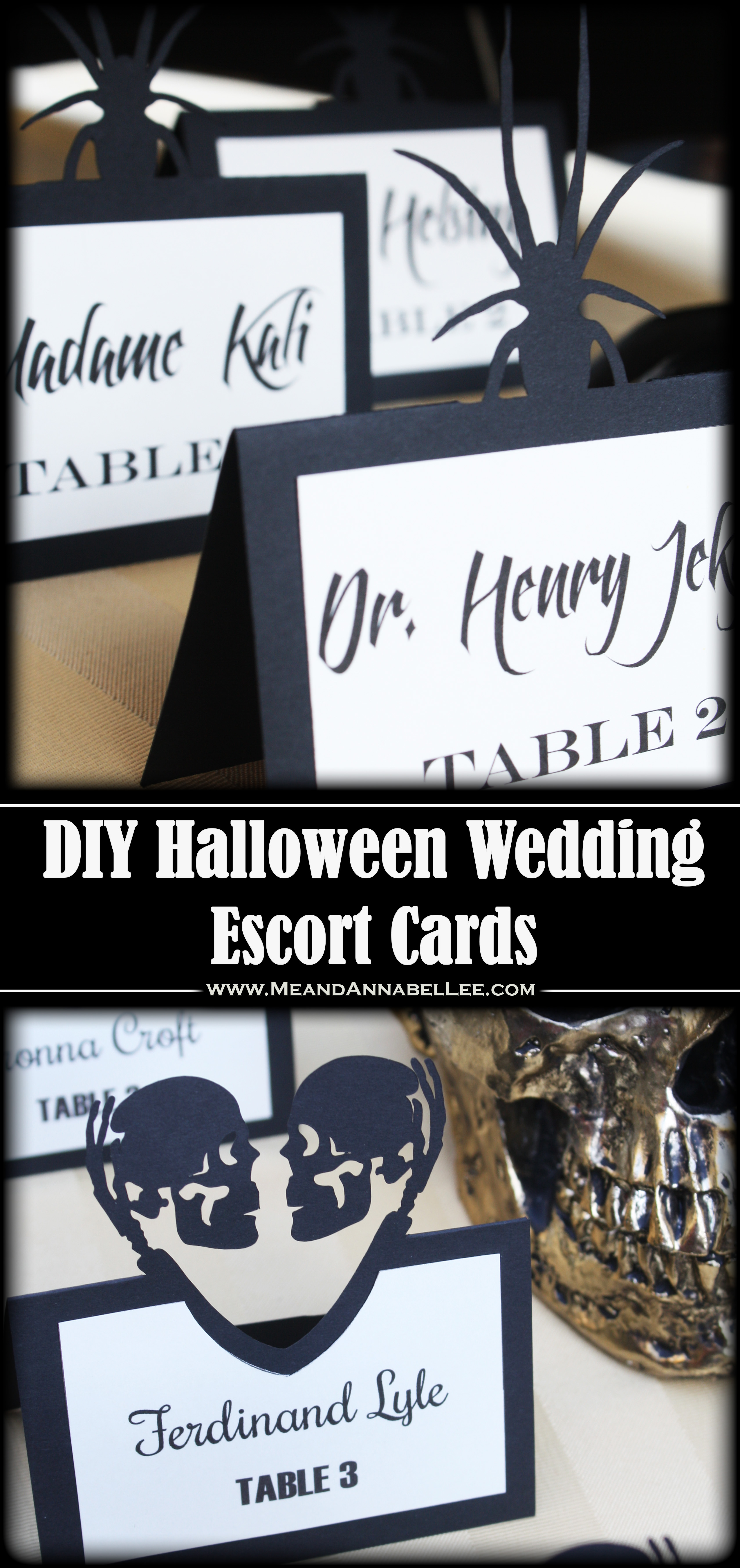How to Make Laser Cut Halloween Wedding Escort Cards with Your Cricut | Skeleton Couple | Spiders | Gothic Entertaining | Seating Cards | www.MeandAnnabelLee.com