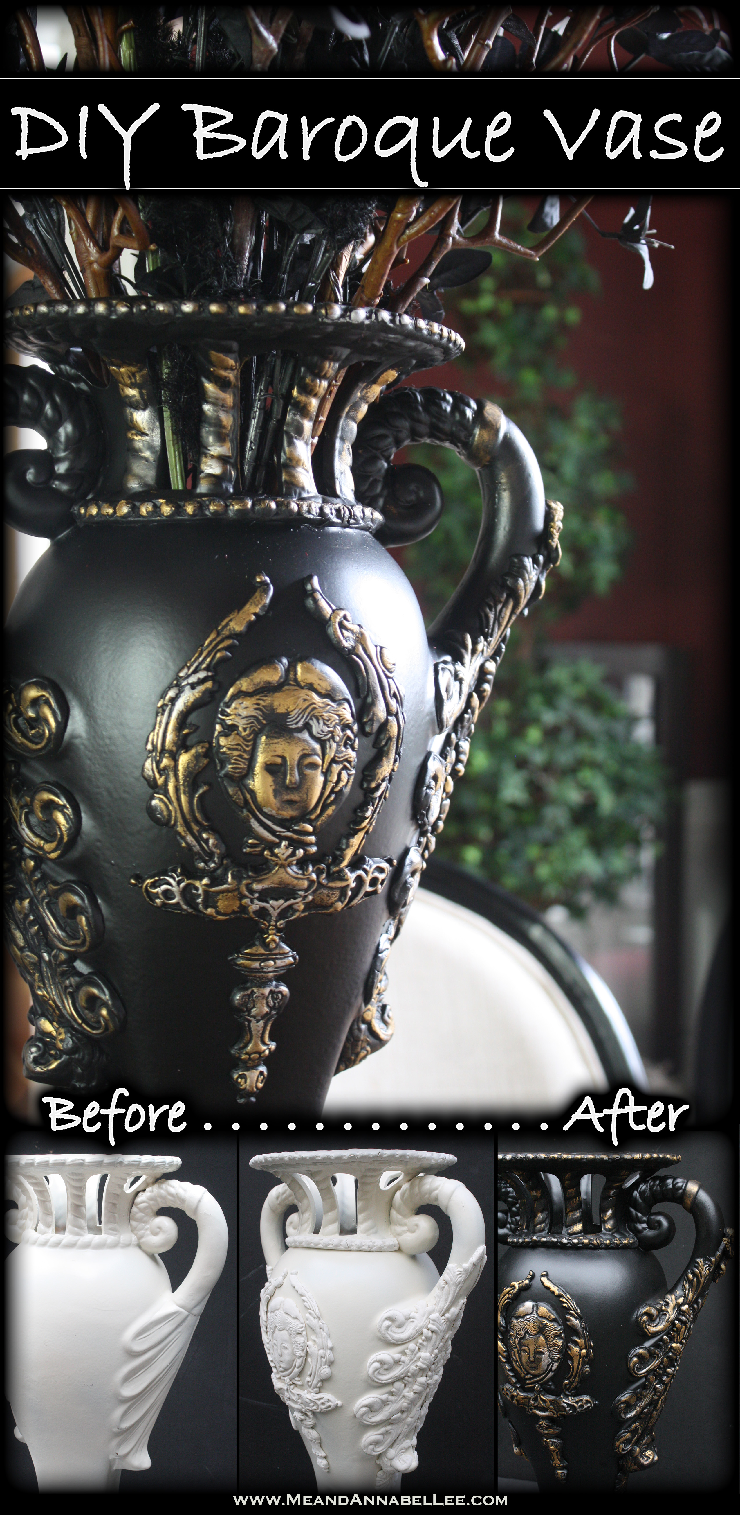 DIY Victorian Gothic Vase | Black & Gold | How to transform a thrift store vase using Iron Orchid Molds: Baroque, Escutcheon, Nautica, Mouldings, and Royale | Paper Clay Casting | Faux Antique Finish | Goth Home Decor | Grecian Gold Rub n Buff | www.MeandAnnabelLee.com