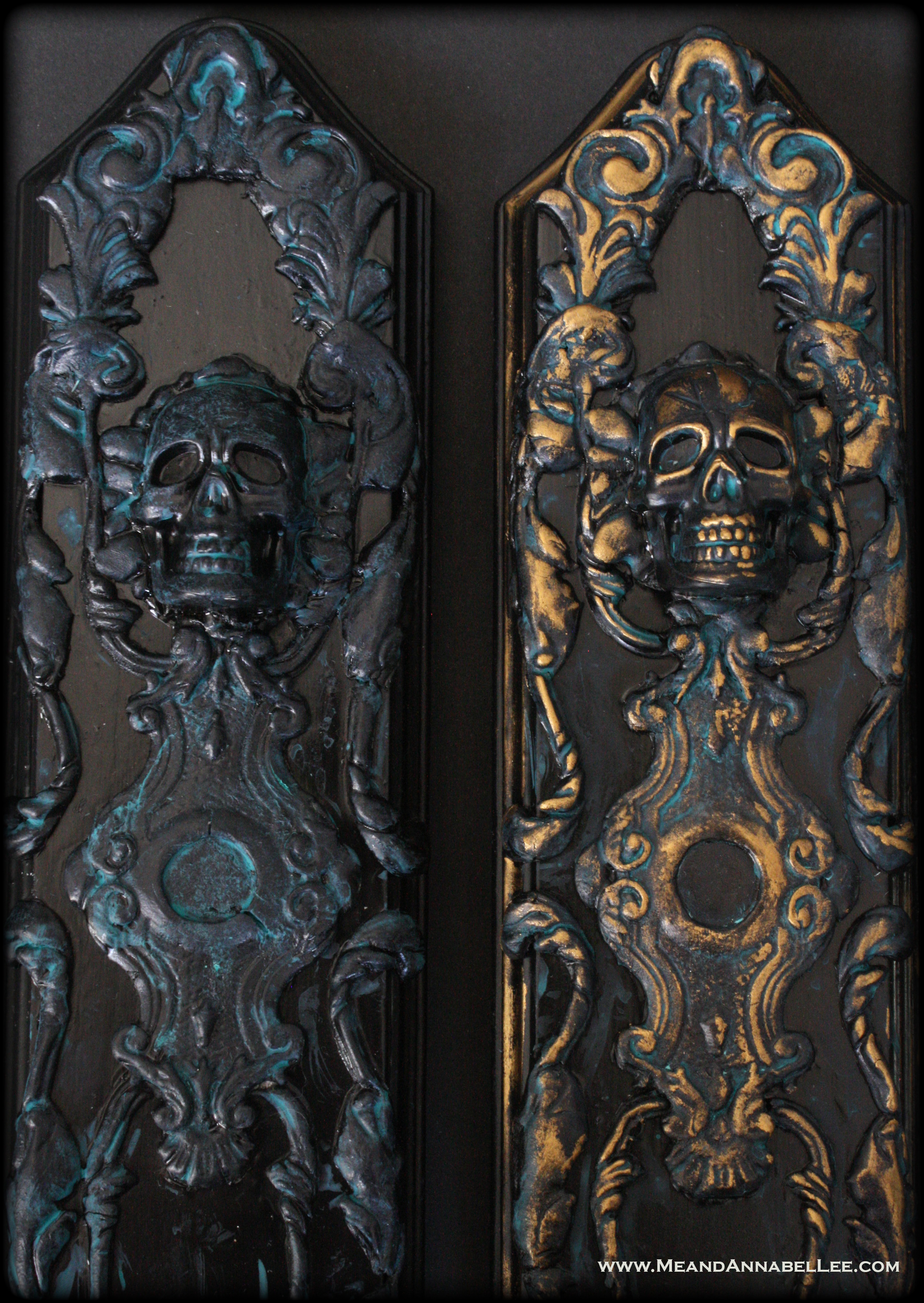 How to Faux Patina | Gold Rub n Buff Wax | Antique Painting Techniques | Goth It yourself | Gothic Baroque Skull Candle Sconces | www.MeandAnnabelLee.com
