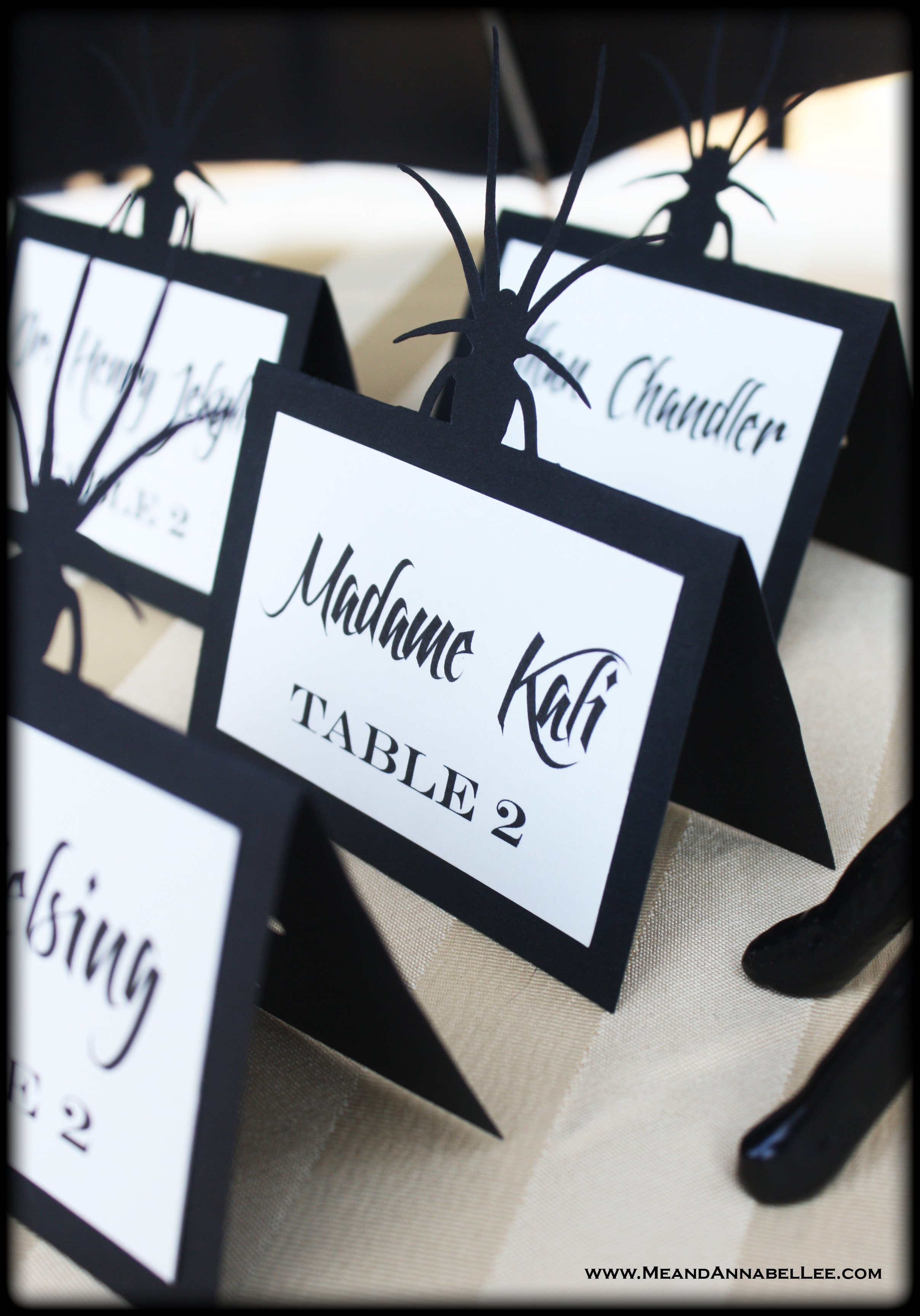 How to Make Laser Cut Escort Cards with Your Cricut | Halloween Wedding | Spider Seating Cards | www.MeandAnnabelLee.com