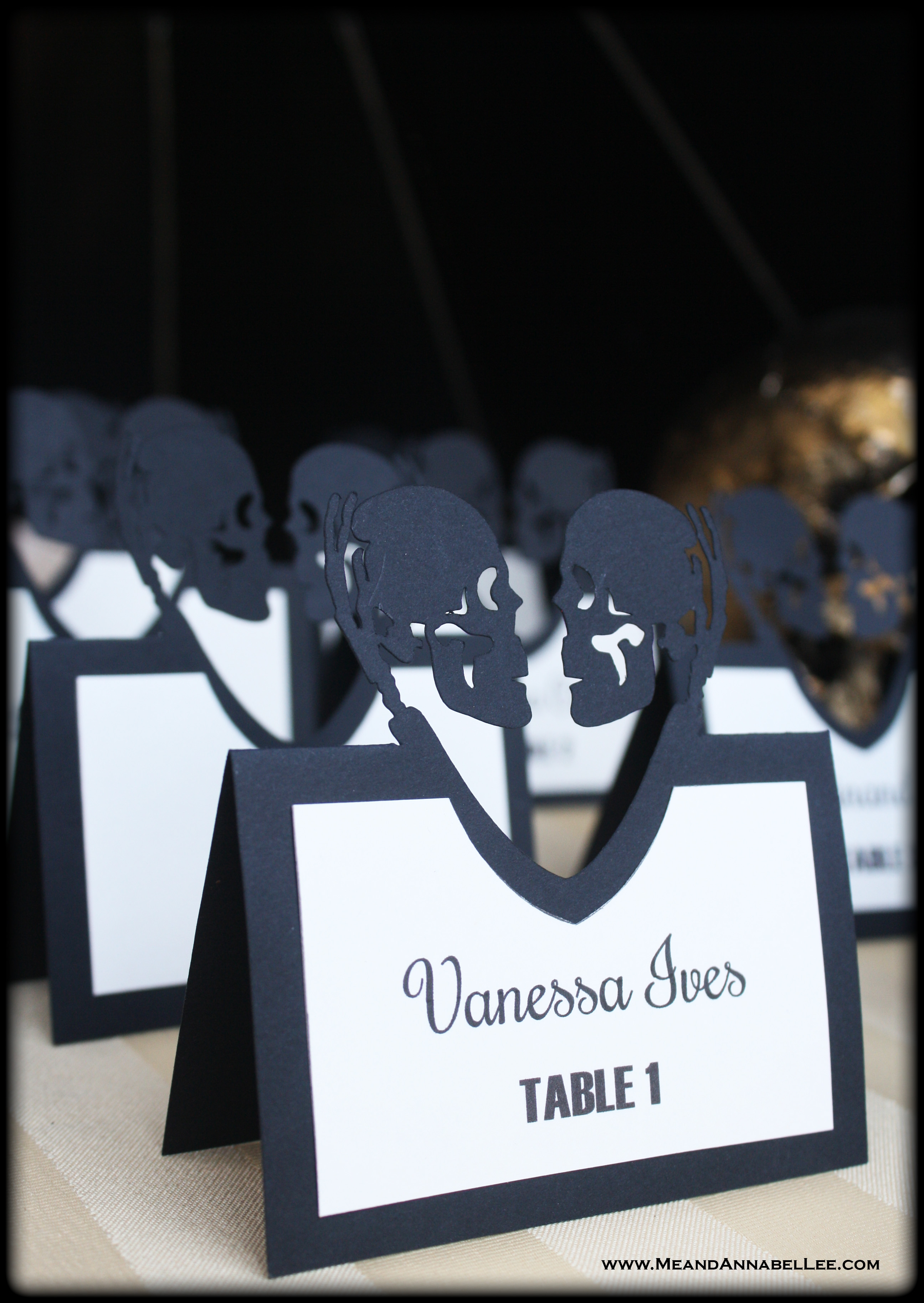How to Make Laser Cut Halloween Wedding Escort Cards with Your Cricut | Skull Love | Skeleton Couple Seating Cards | www.MeandAnnabelLee.com