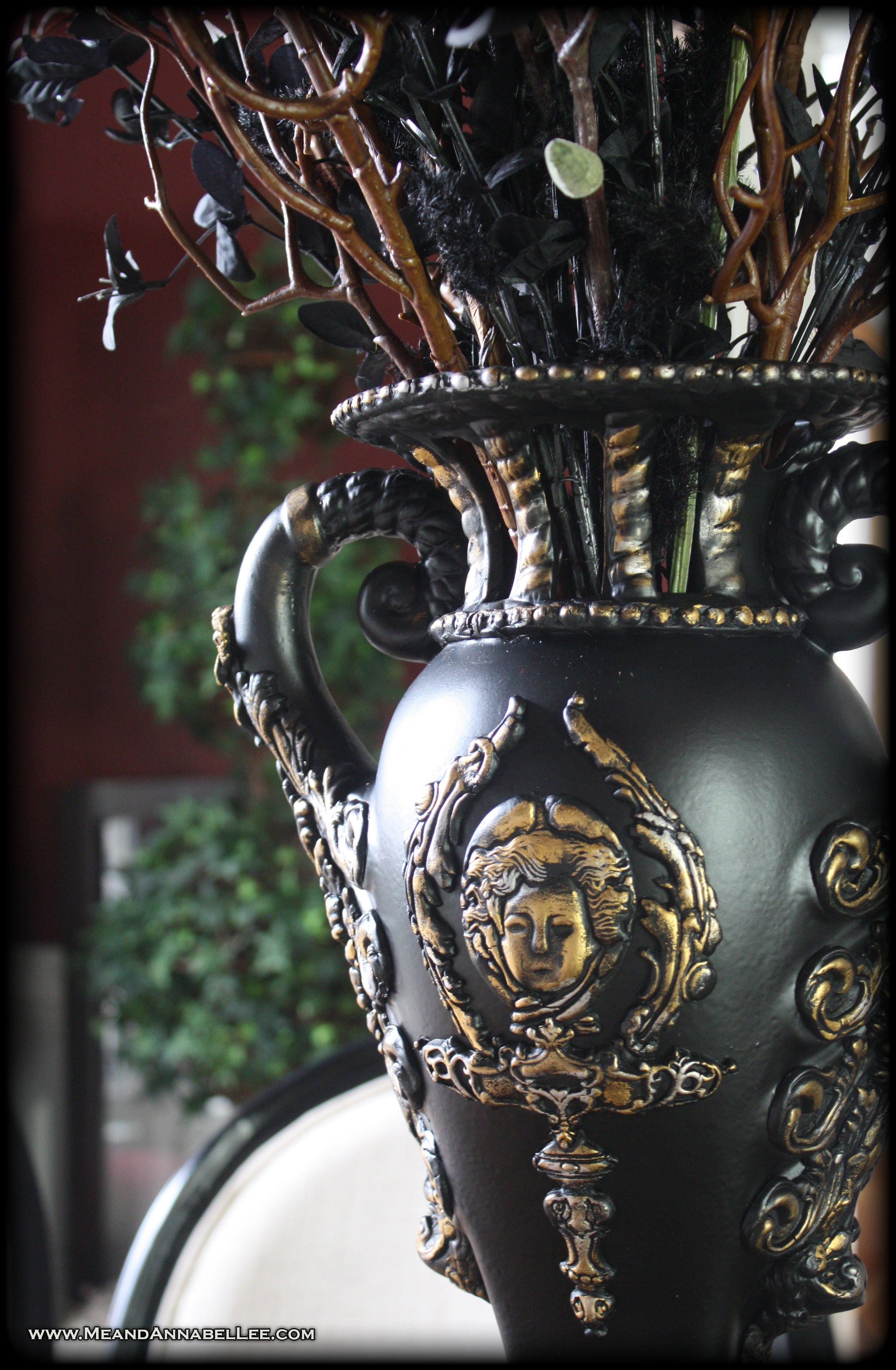 DIY Victorian Gothic Vase | Black & Gold | How to transform a thrift store vase using Iron Orchid Molds: Baroque, Escutcheon, Nautica, Mouldings, and Royale | Paper Clay Casting | Faux Antique Finish | Goth Home Decor | Grecian Gold Rub n Buff | www.MeandAnnabelLee.com