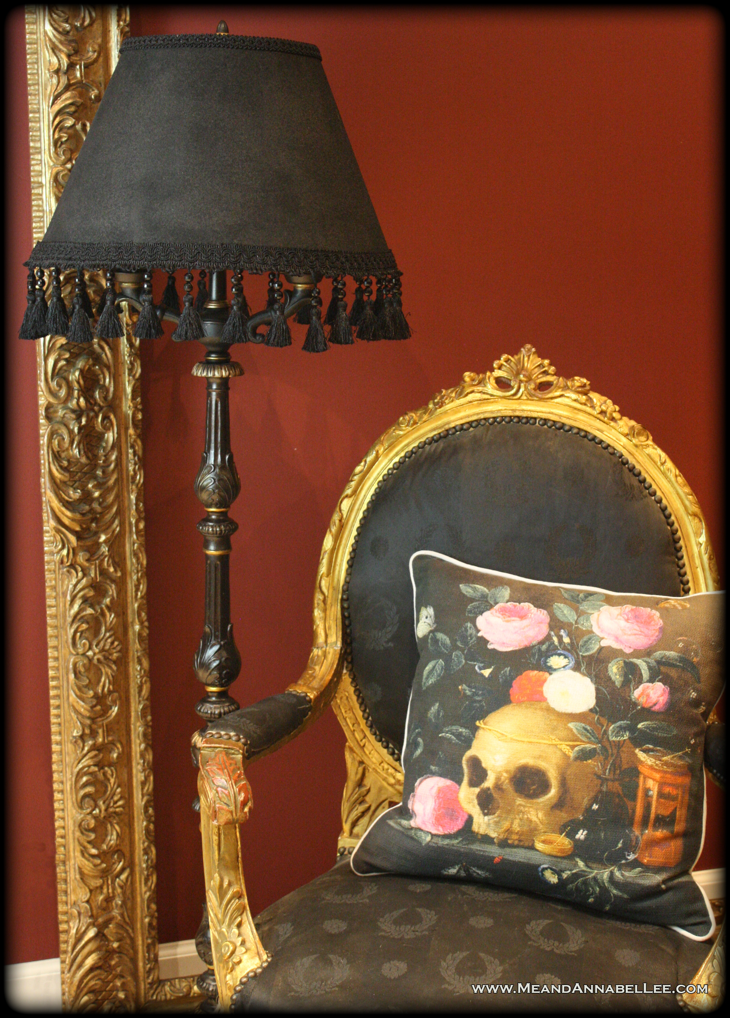 DIY Victorian Gothic Black Lamp shade | Black & Gold Goth Home Decor | Beaded Tassel Fringe | www.MeandAnnabelLee.com