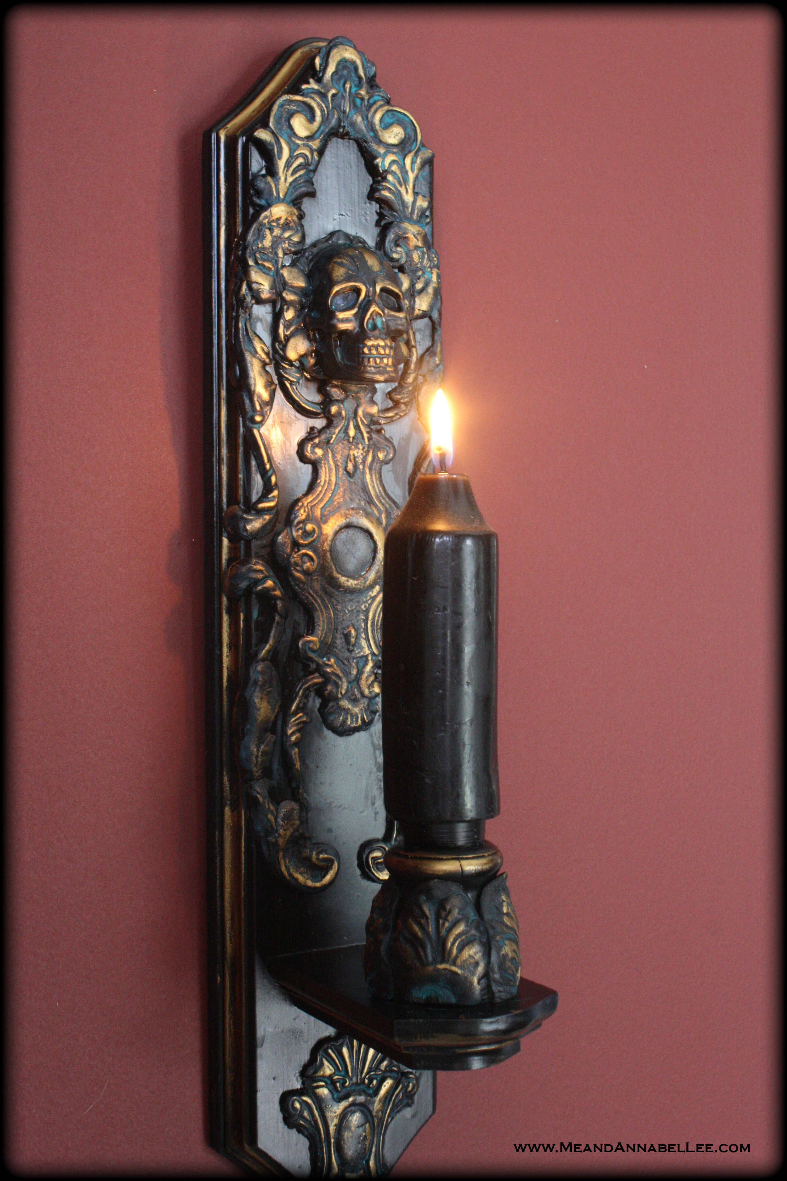 Aged Miniature Skull Gothic Candlestick Holder on A Rustic Salvaged Fence  Post Base 