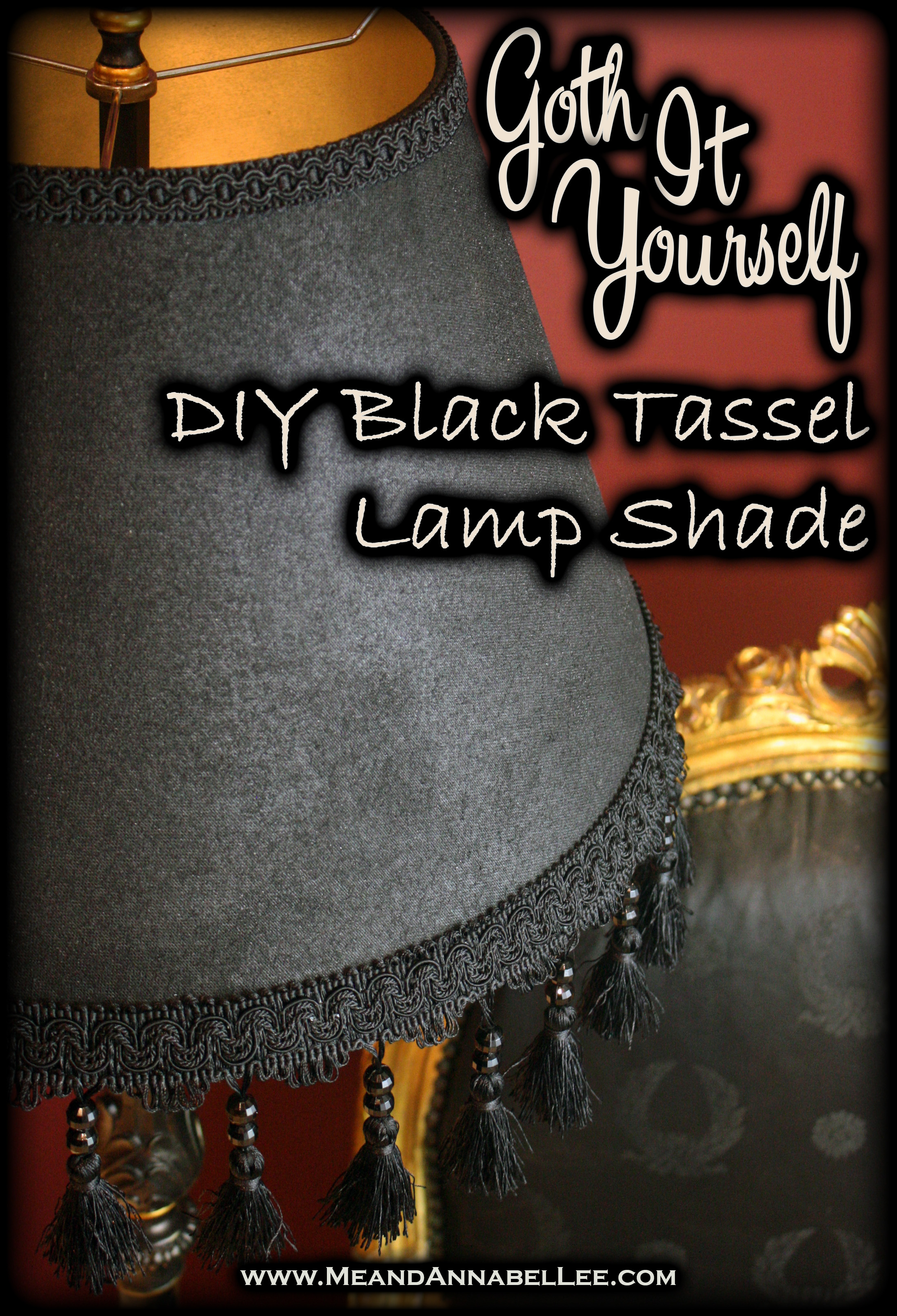 DIY Victorian Gothic Black Lamp shade | How to Paint a Lamp Shade | Black & Gold Goth Home Decor | Beaded Tassel Fringe | www.MeandAnnabelLee.com