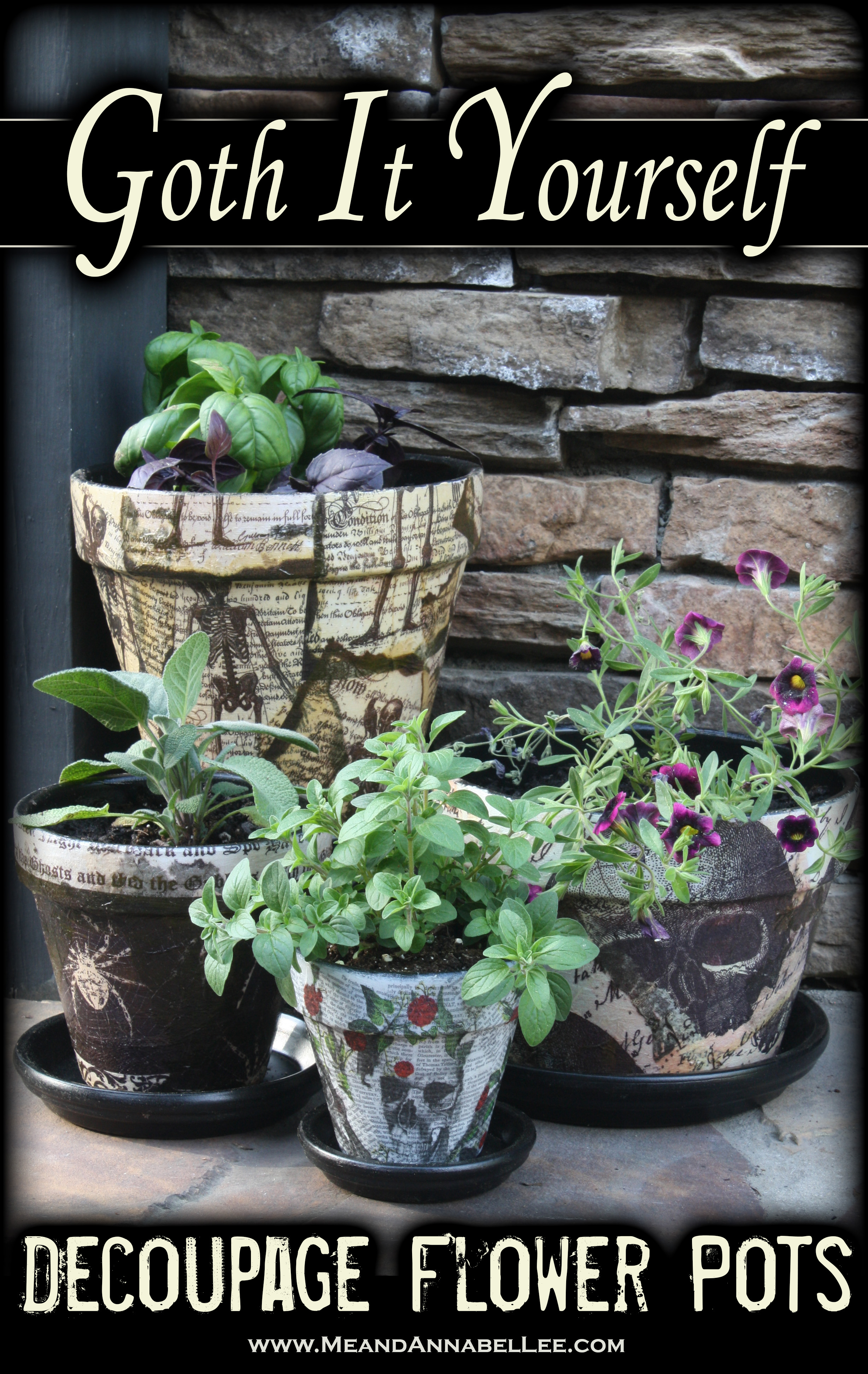 DIY Halloween Inspired Skull and Spider Flower Pots | How to Decoupage with Napkins | Gothic Garden | Skull Planter | www.MeandAnnabelLee.com