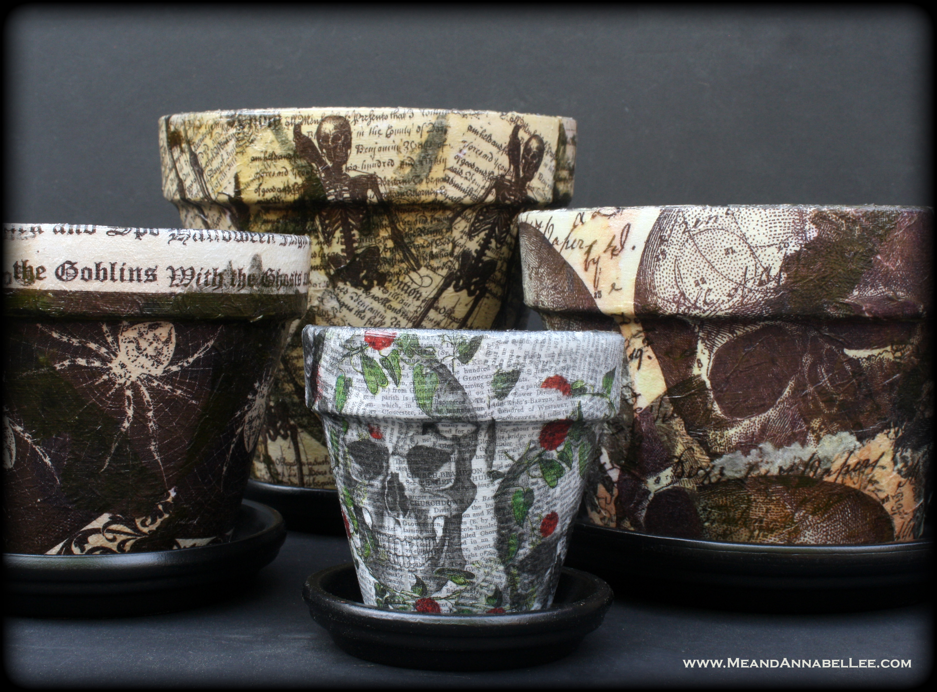 DIY Halloween Inspired Skull and Spider Flower Pots | How to Decoupage with Napkins | Gothic Garden | www.MeandAnnabelLee.com