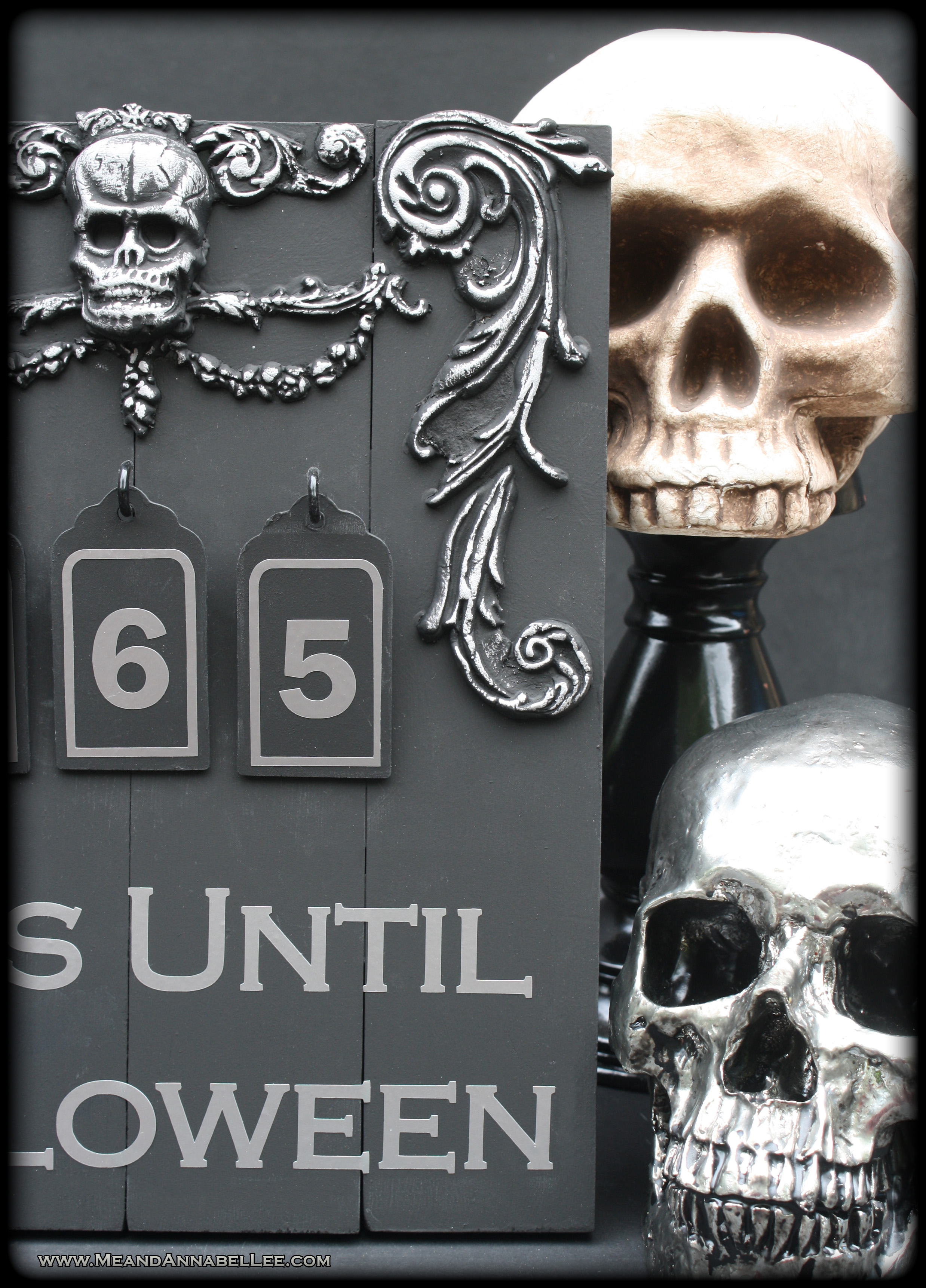 DIY Days Until Halloween Countdown Sign | Skull Decor | Paper Clay | Iron Orchid Moulds | Pewter Rub n Buff | Baroque Gothic | www.MeandAnnabelLee.com