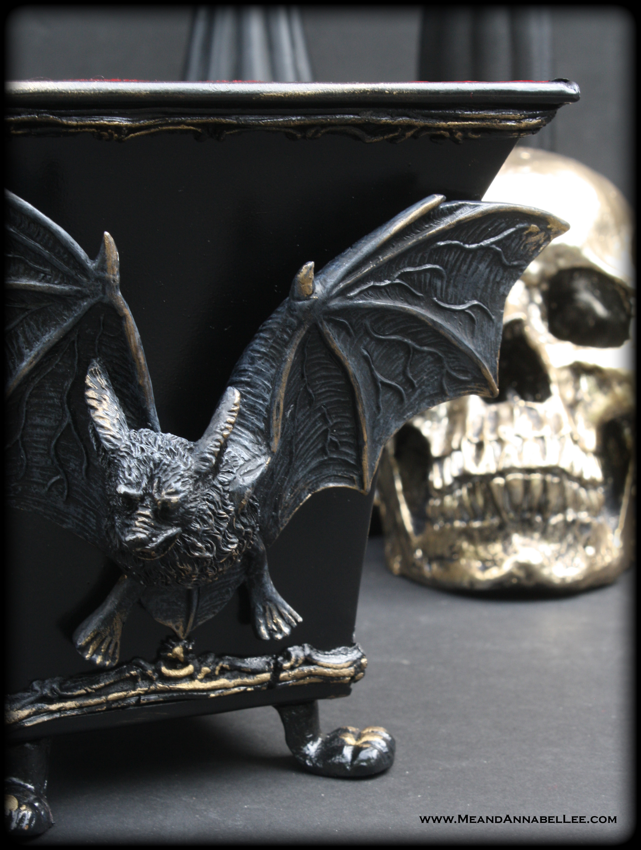 DIY Vampire Bat Trinket Box - How To Line a Box with Velvet - Gothic Home Decor - www.MeandAnnabelLee.com