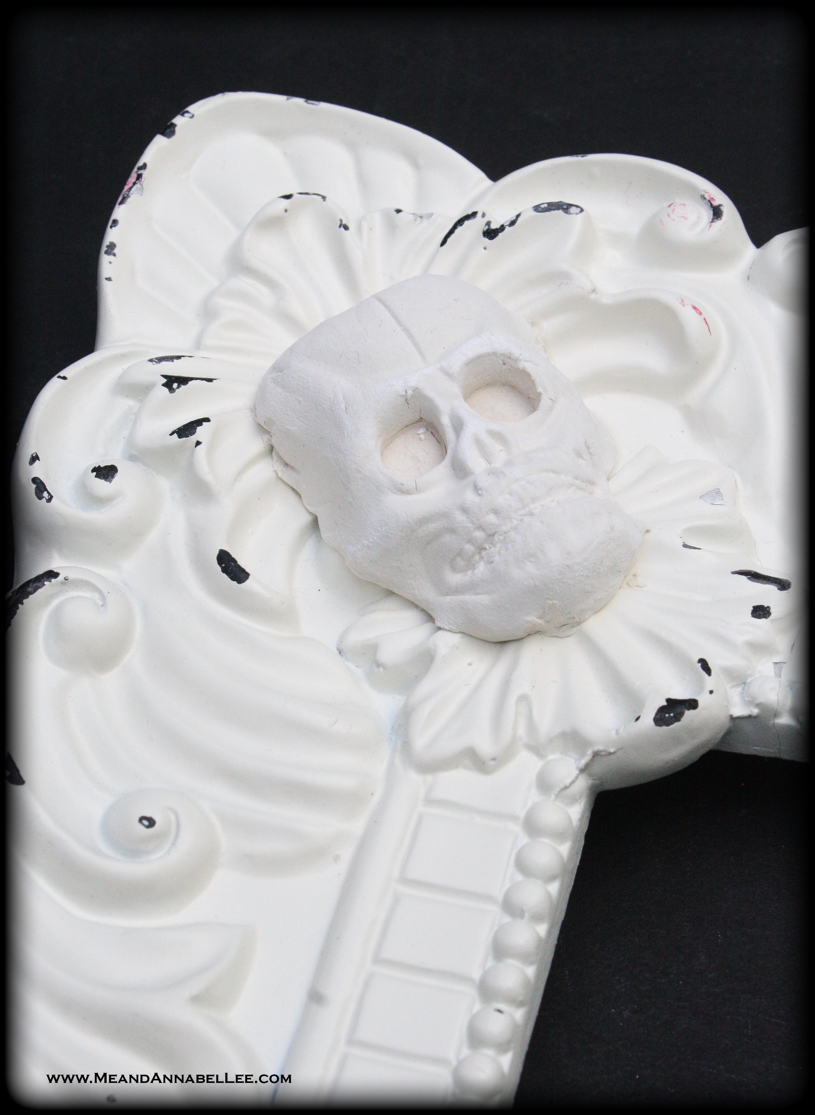 Transform from Shabby Chic to a Gothic Baroque Memo Board | Paper Clay Casting | Silicone skull Mold | Goth Home Decor | www.MeandAnnabelLee.com