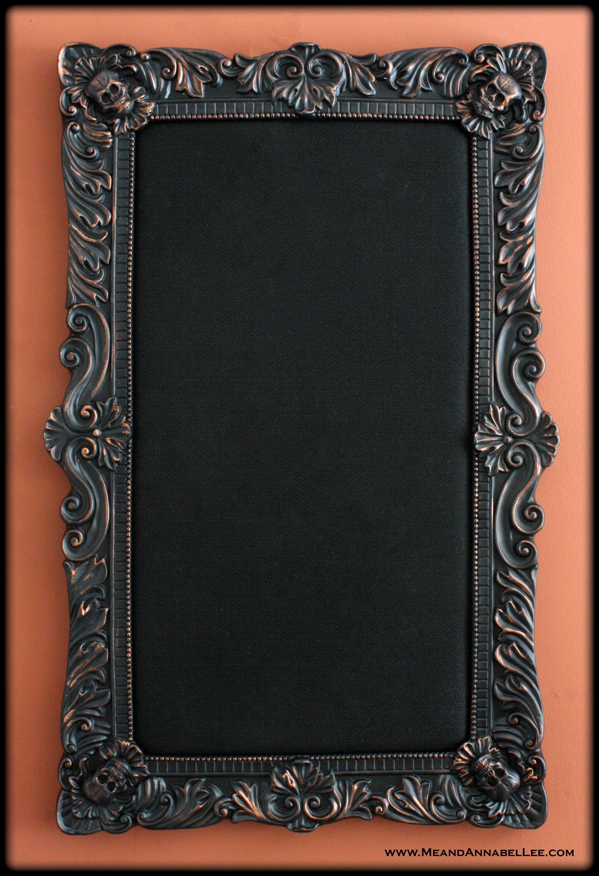 From Shabby Chic to Gothic | Pin Board Transformation | Black Upholstered Goth Memo Board | Paper Clay | Skull Silicone Mold | www.MeandAnnabelLee.com