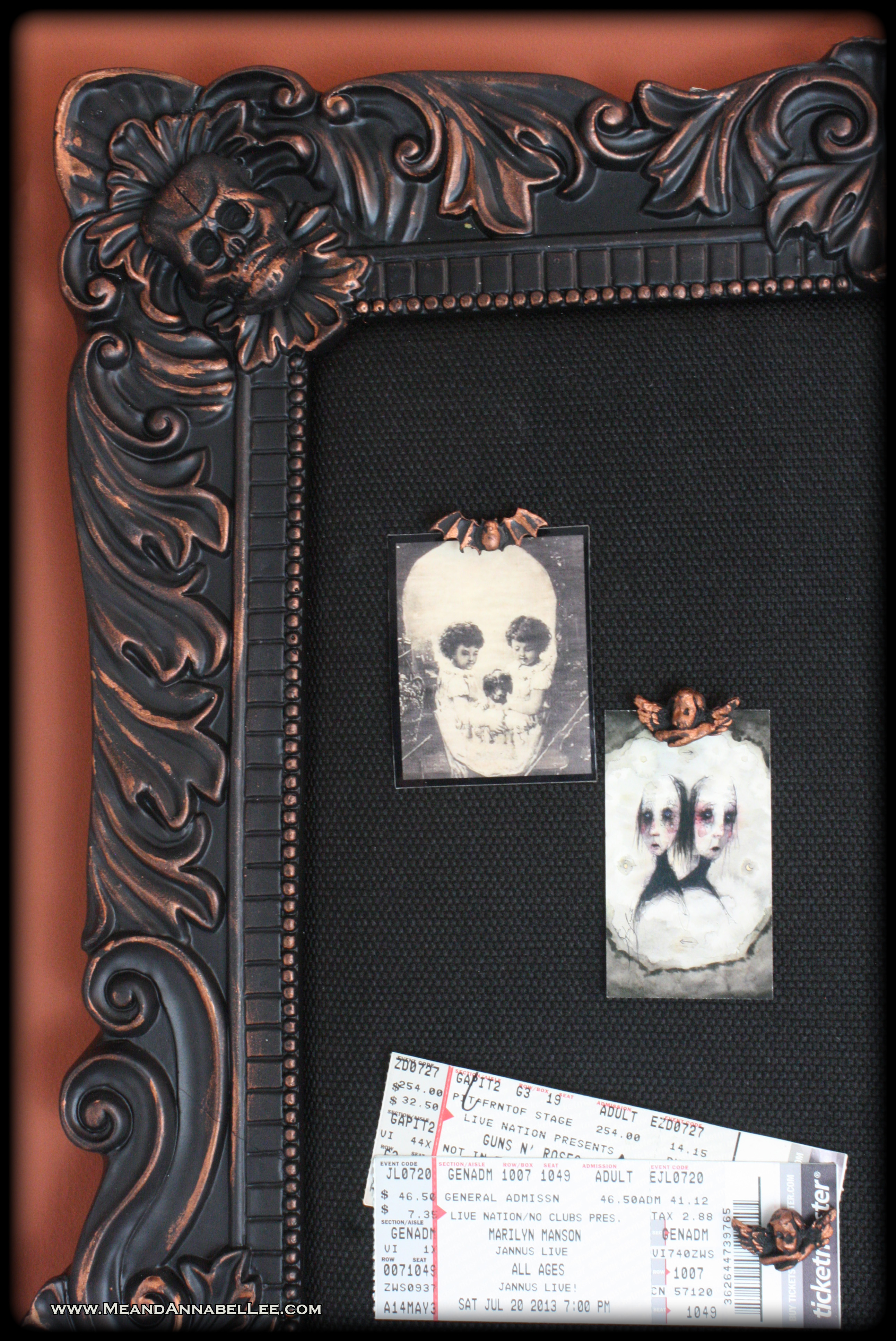 DIY Gothic Upholstered Skull Memo Board | Goth Home Decor | Skull Clay Mold | Ruby Rub 'n Buff | www.MeandAnnabelLee.com
