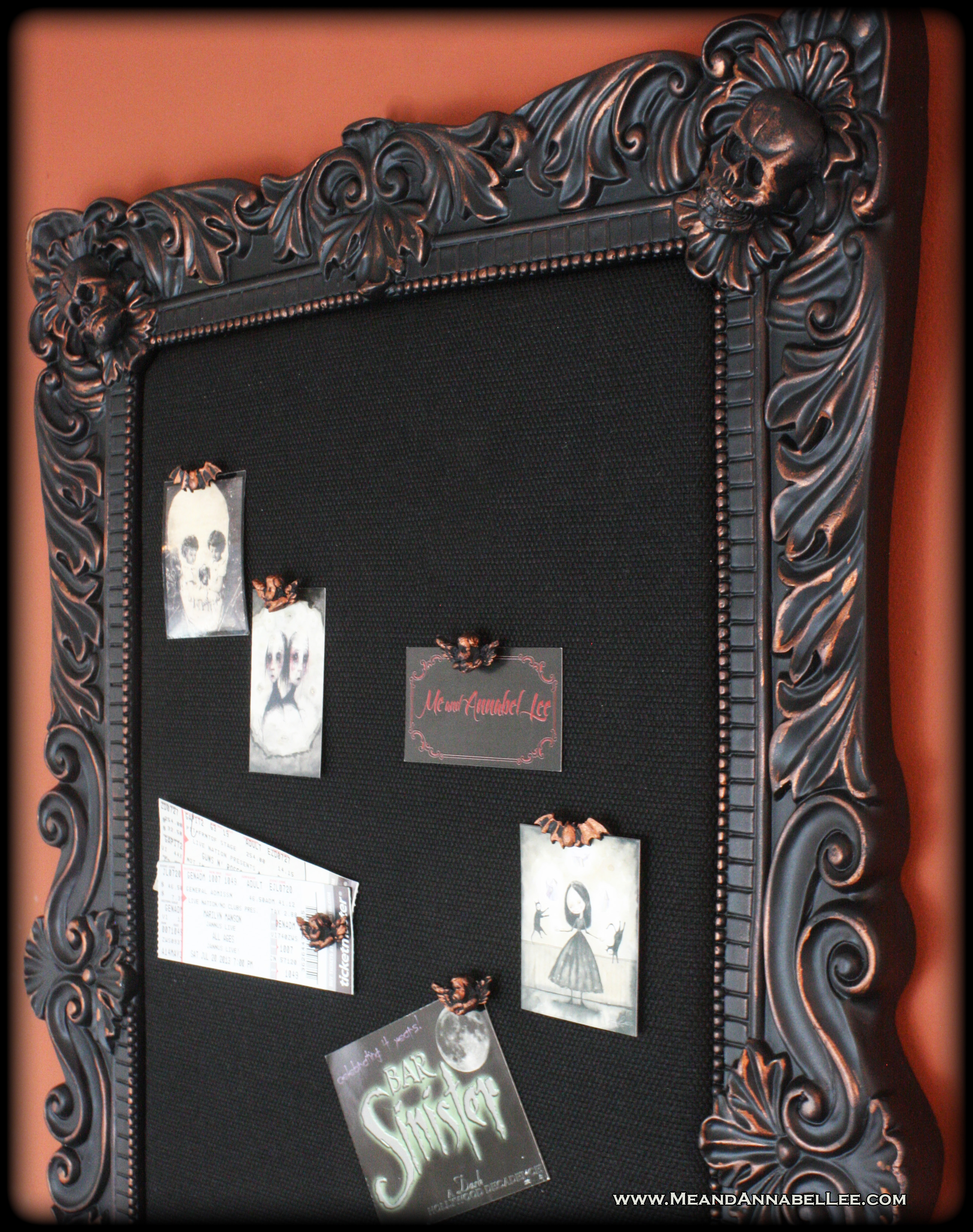 DIY Baroque Gothic Upholstered Skull Memo Board | Goth Home Decor | Ruby Rub 'n Buff | www.MeandAnnabelLee.com