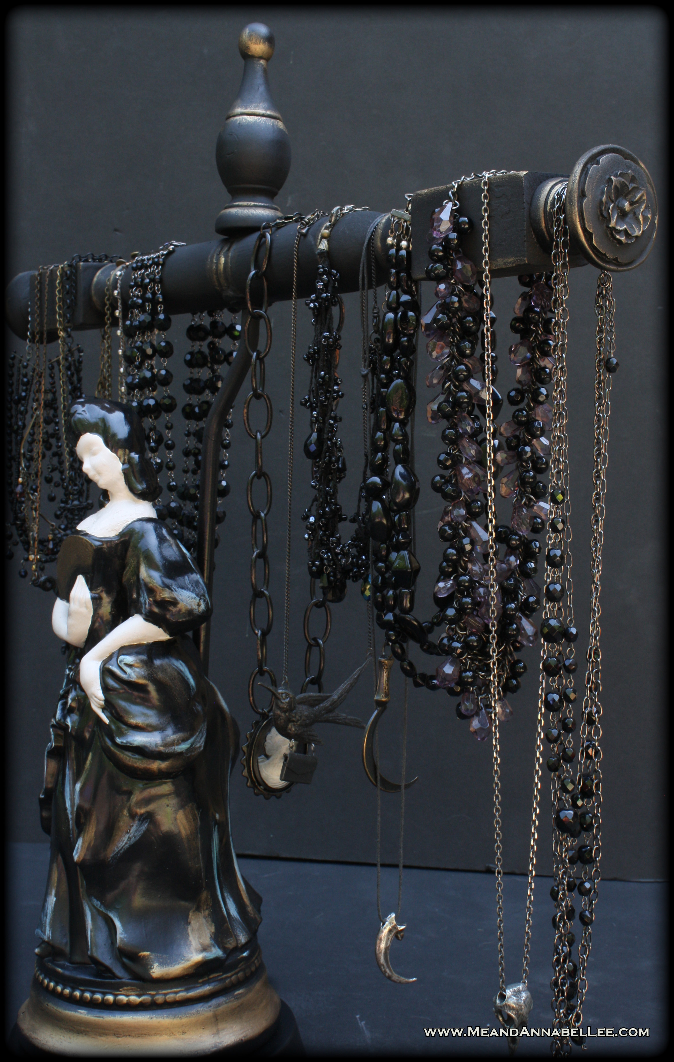 DIY Victorian Gothic Jewelry Stand - Transform an old lamp - Goth Home Decor - www.MeandAnnabelLee.com