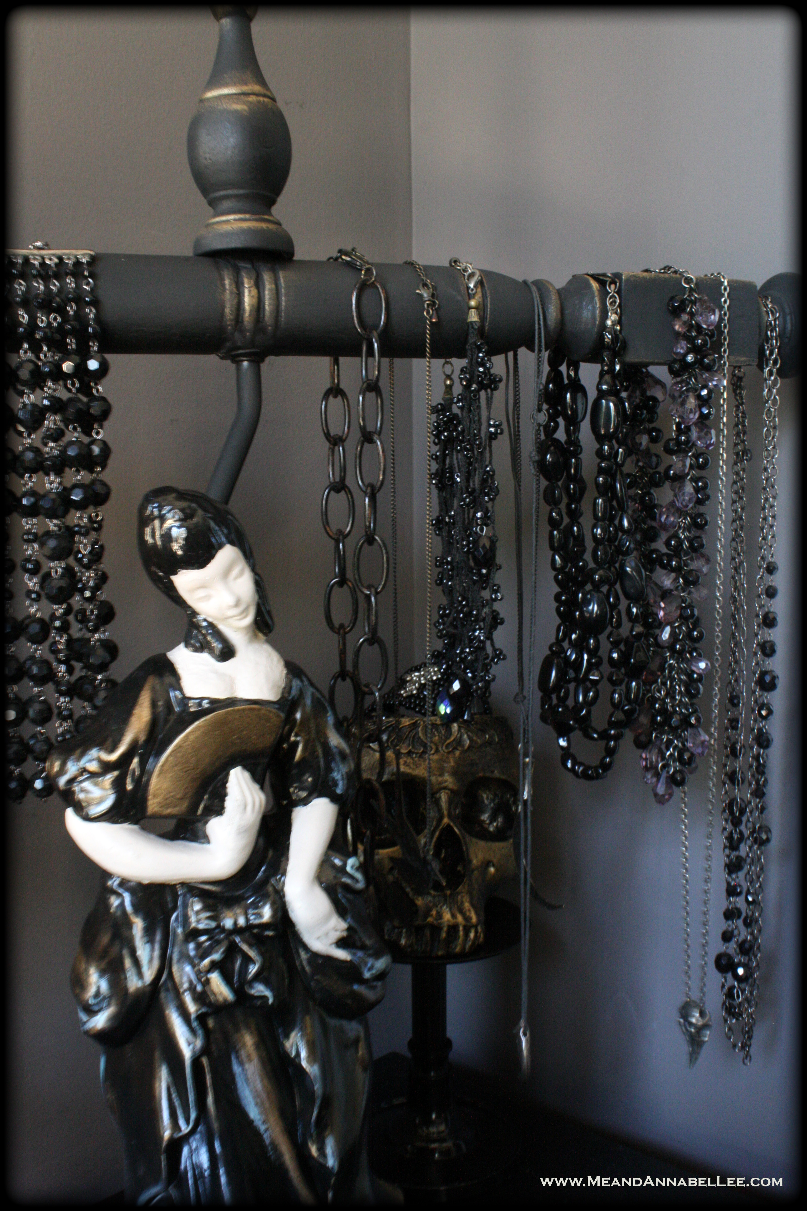 DIY Victorian Gothic Jewelry Stand | How to transform a lamp into a necklace display | Goth it Yourself | www.MeandAnnabelLee.com