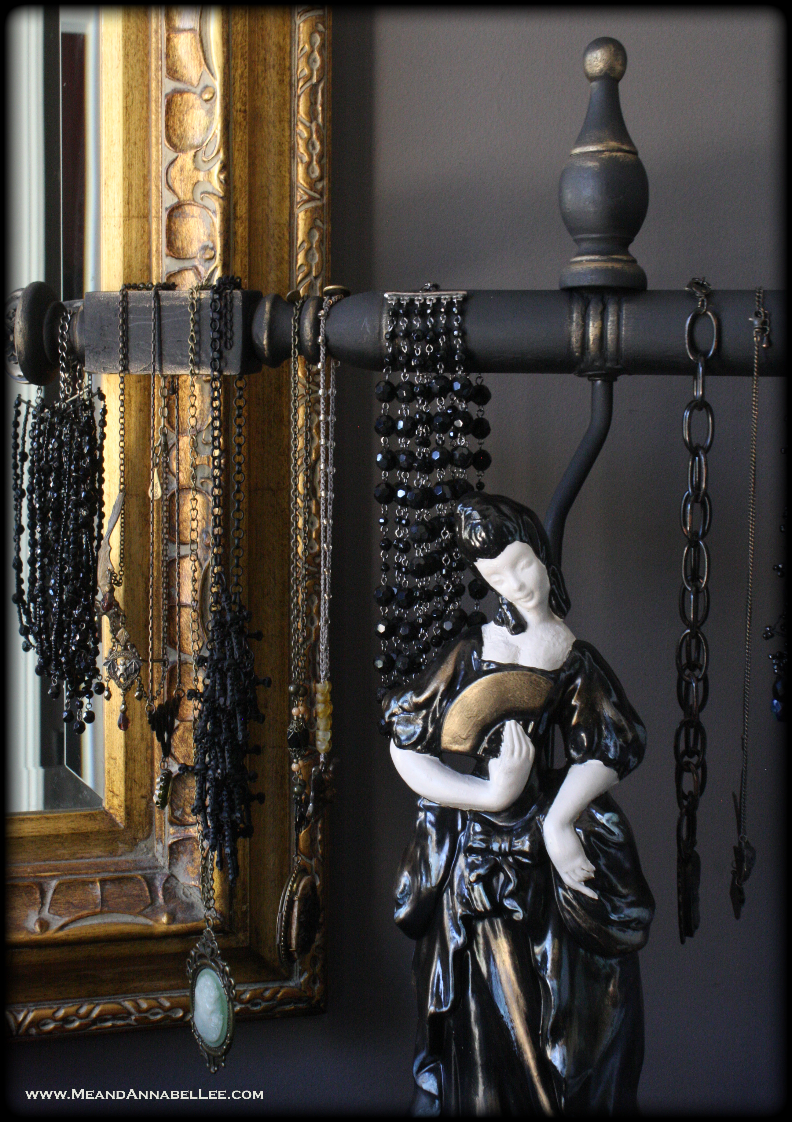 DIY Victorian Gothic Jewelry Stand - Transform an old lamp - Goth Home Decor - www.MeandAnnabelLee.com