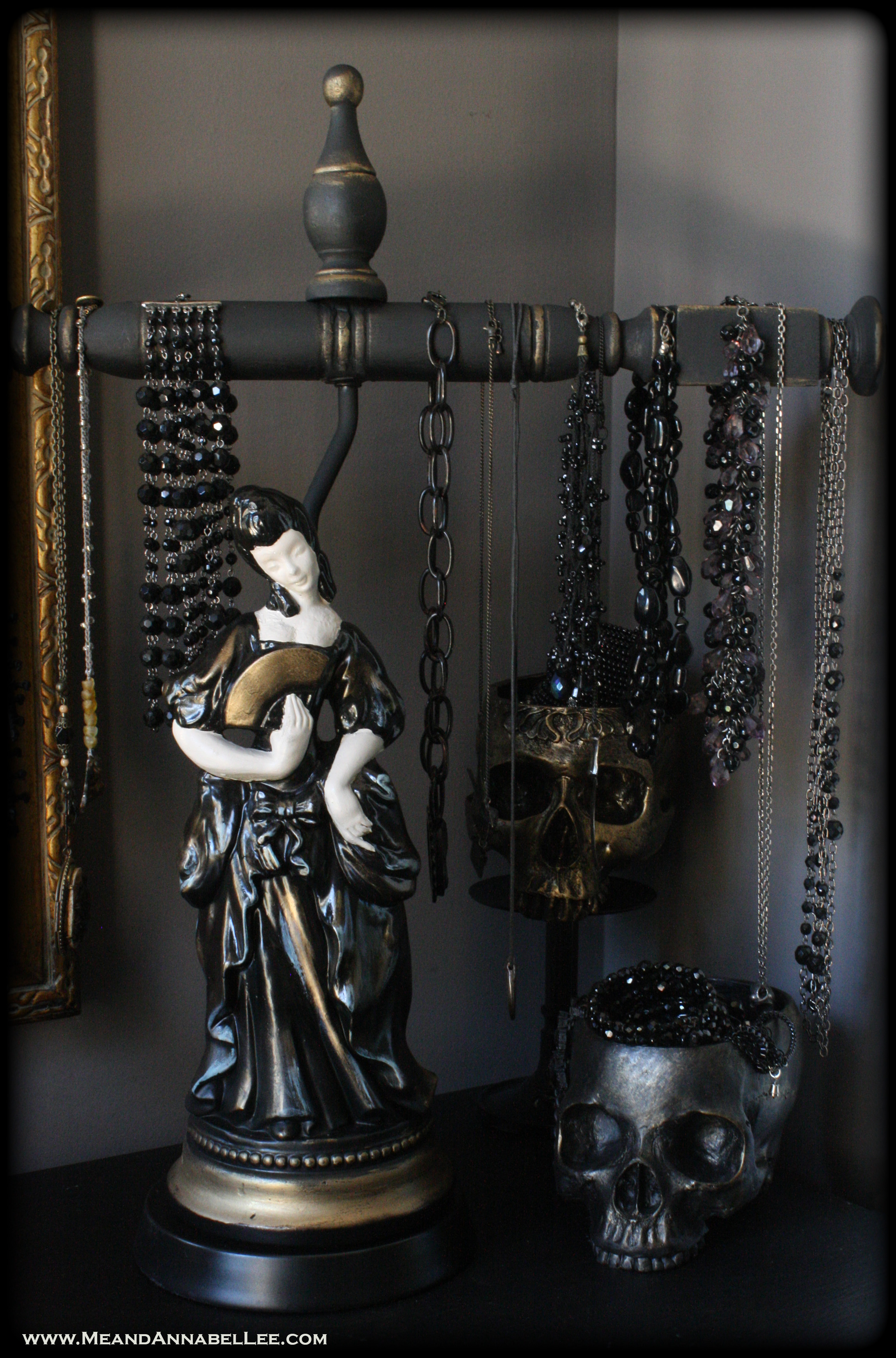 DIY Victorian Gothic Jewelry Stand | How to transform a lamp into a necklace display | Goth it Yourself | www.MeandAnnabelLee.com